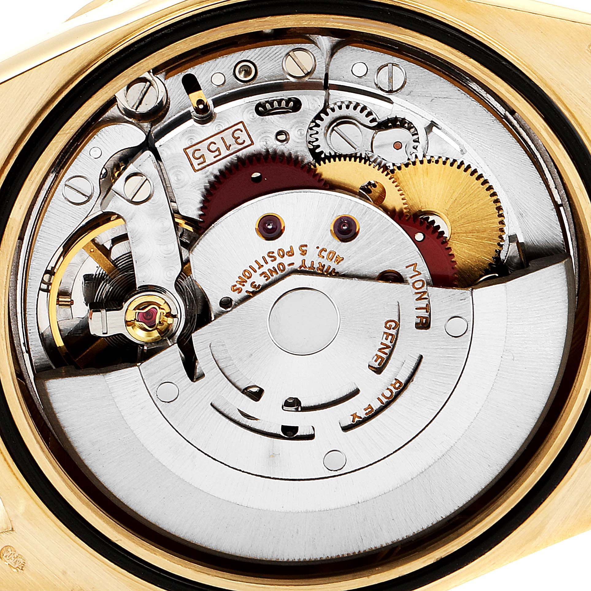 The image shows the internal mechanism of a Rolex President 18348 Men
s Yellow Gold Champagne Dial 18348 Men
s Yellow Gold Champagne Dial model watch from a close-up angle.