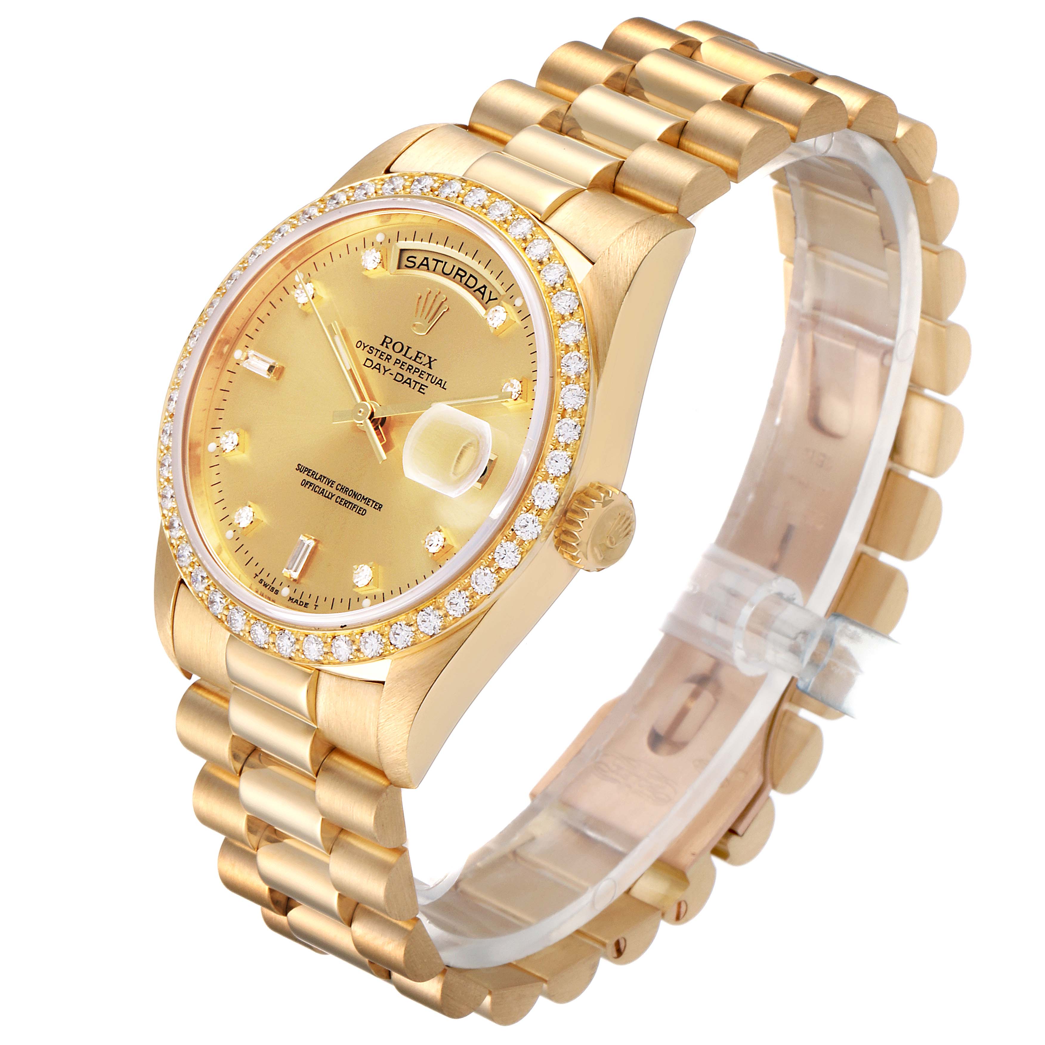 The image shows a side-angle view of a Rolex President 18348 Men
s Yellow Gold Champagne Dial 18348 Men
s Yellow Gold Champagne Dial model watch, highlighting the dial, bezel, and bracelet.