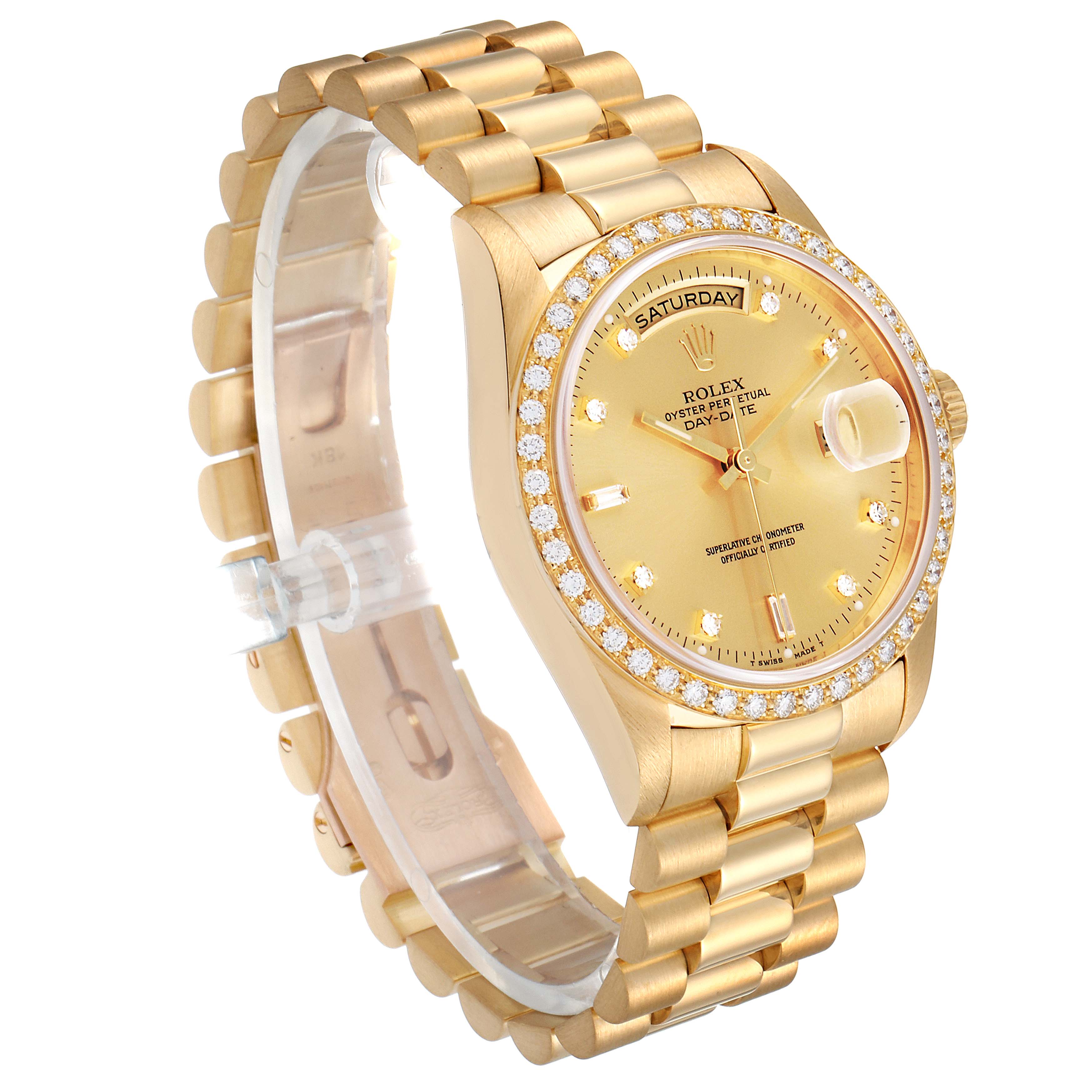The Rolex President 18348 Men
s Yellow Gold Champagne Dial 18348 Men
s Yellow Gold Champagne Dial model watch is shown at a three-quarter angle, featuring the face, bracelet, and bezel adorned with diamonds.
