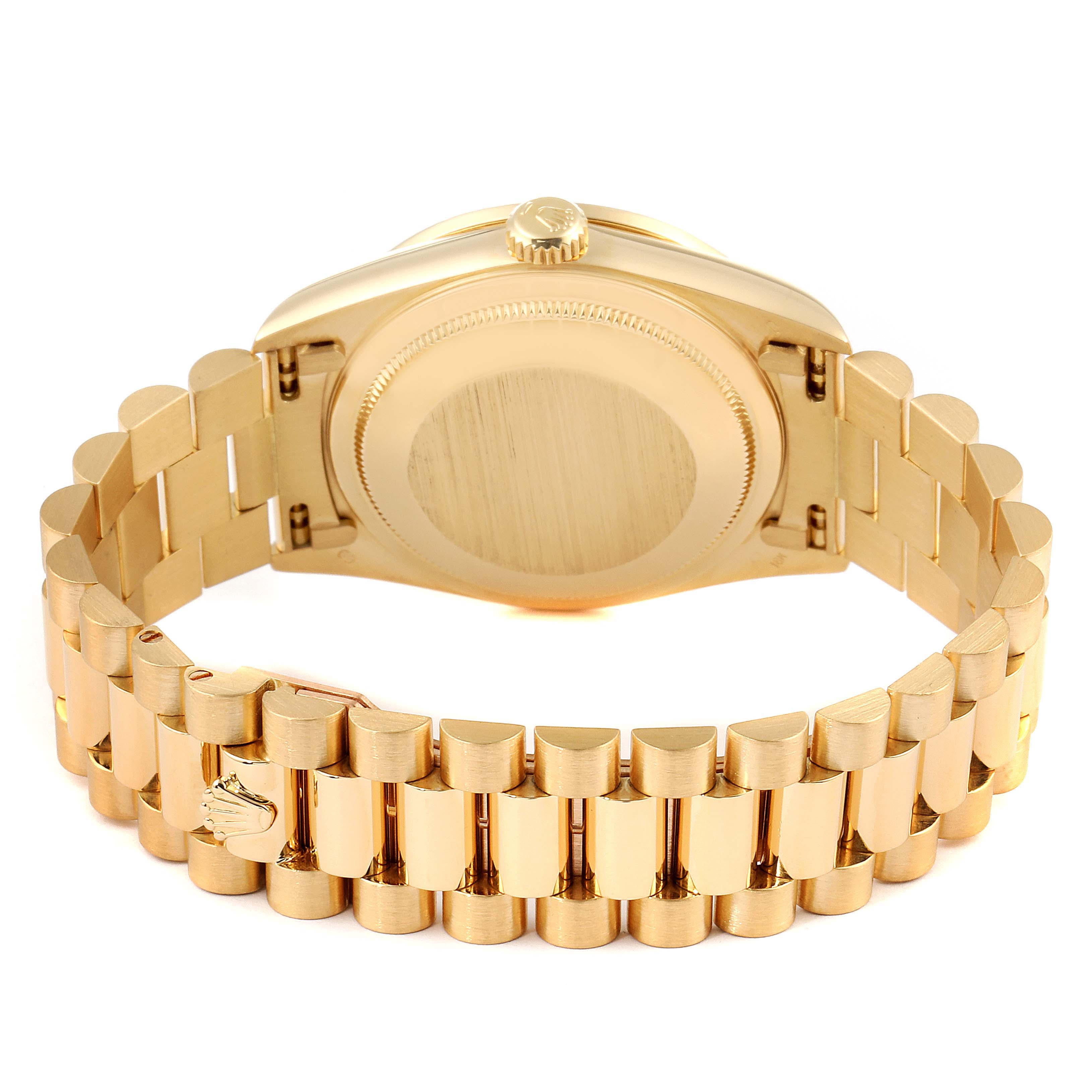 The image shows the back case and bracelet of a Rolex President 18348 Men
s Yellow Gold Champagne Dial 18348 Men
s Yellow Gold Champagne Dial model watch at a slight angle.