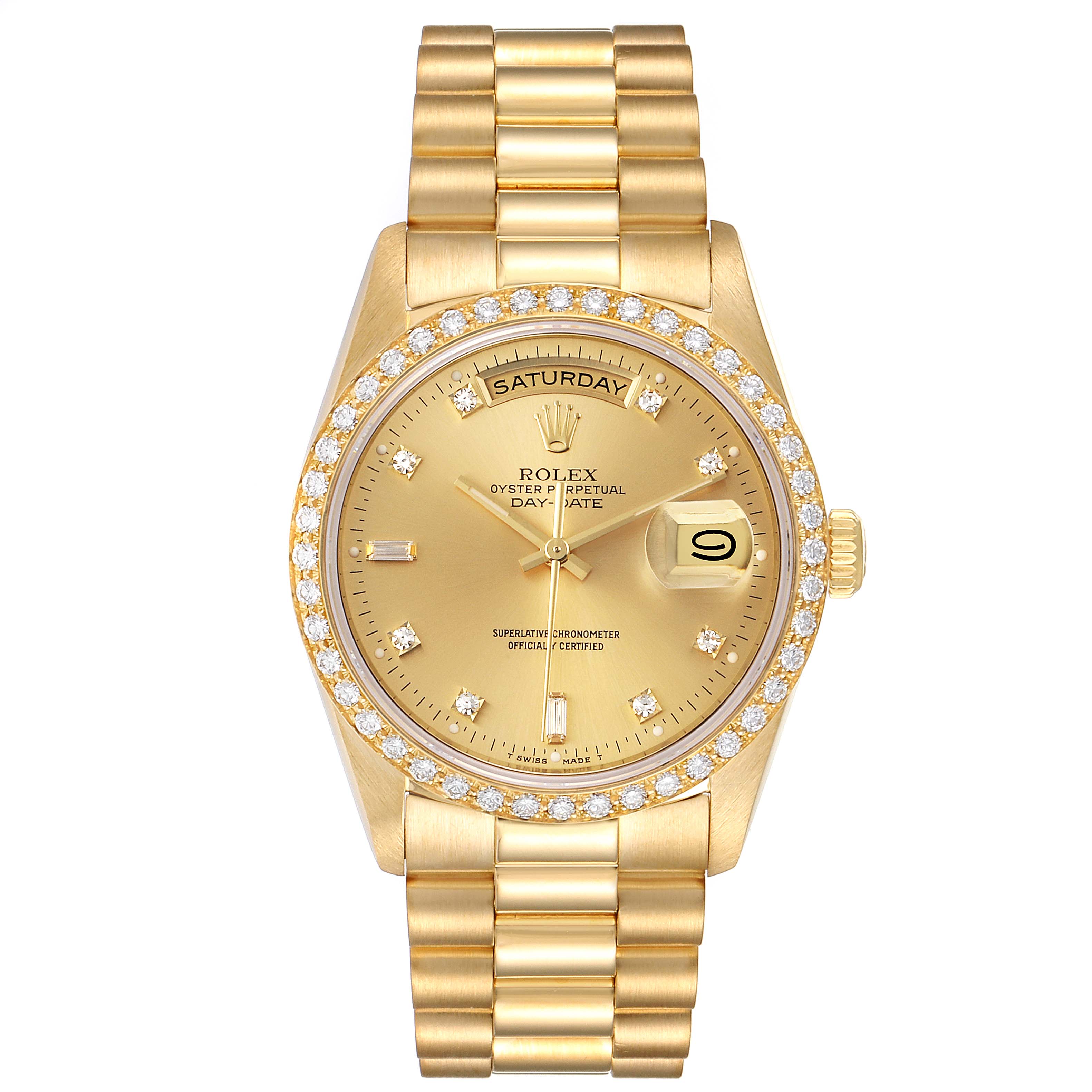 This image shows a front view of the Rolex President 18348 Men
s Yellow Gold Champagne Dial 18348 Men
s Yellow Gold Champagne Dial model watch, highlighting its gold bracelet, diamond bezel, and day-date display.
