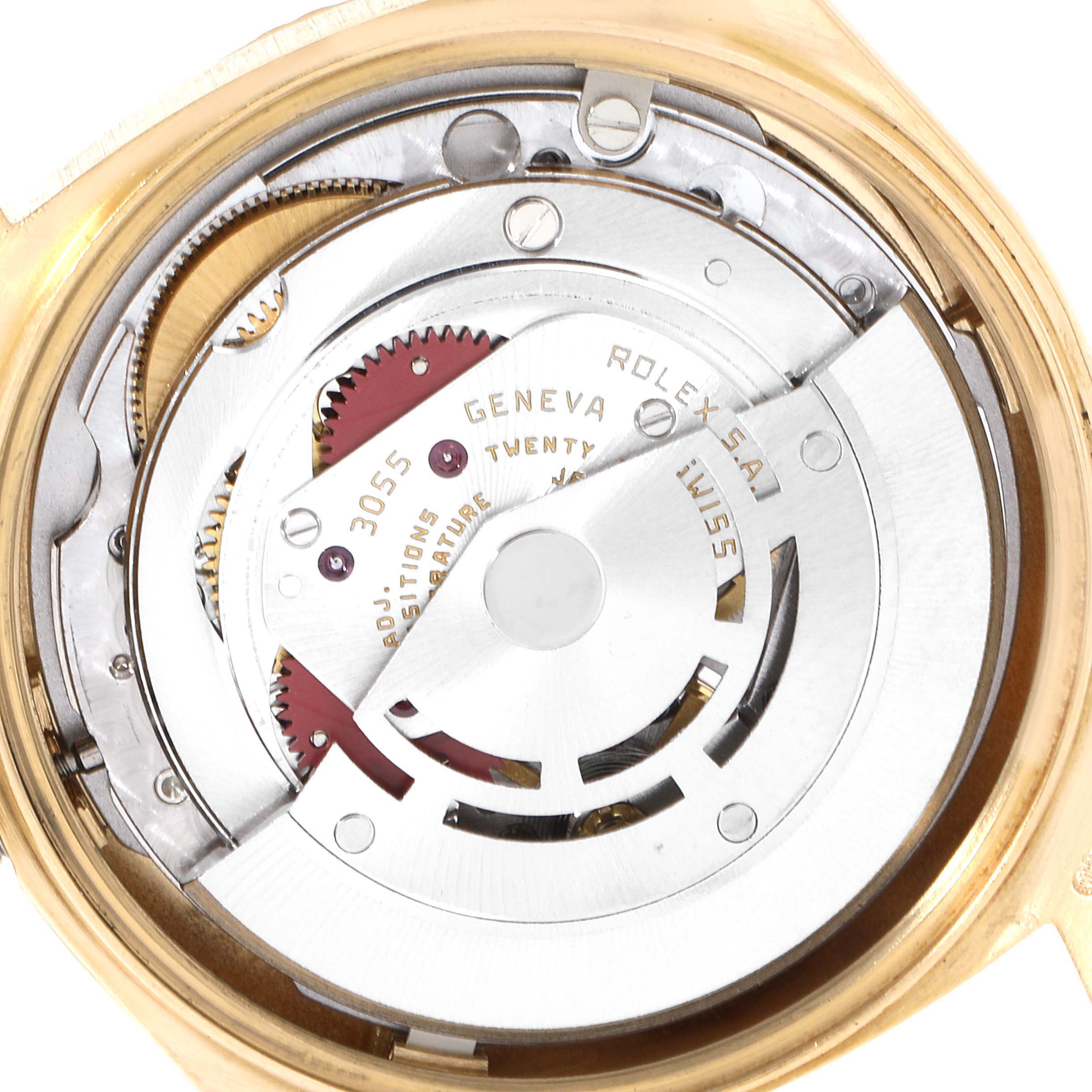 This image shows the internal movement of a Rolex President 18078 Men's Yellow Gold Champagne Dial 18078 Men's Yellow Gold Champagne Dial model watch viewed from the back.