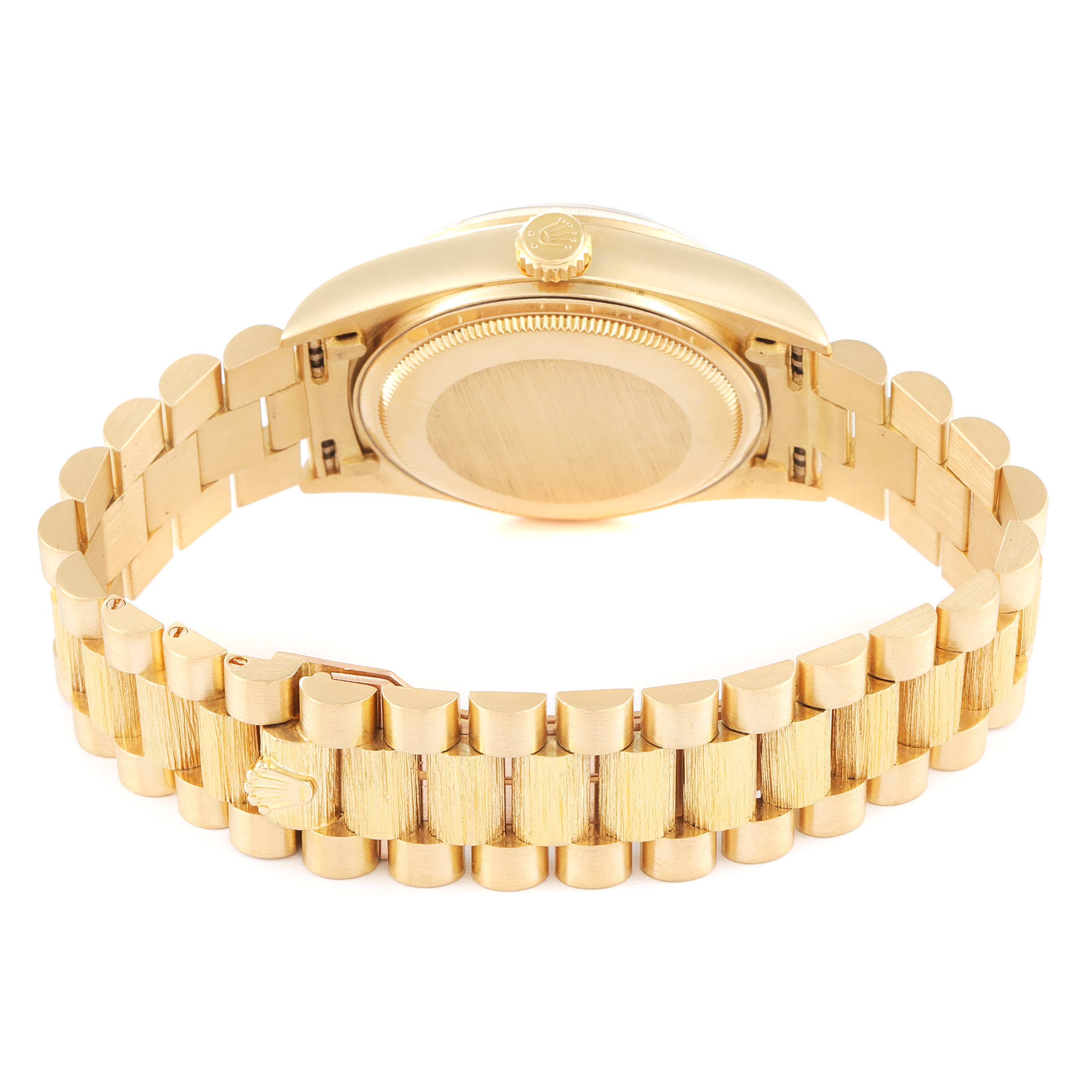 This image shows the back view of a Rolex President 18078 Men's Yellow Gold Champagne Dial 18078 Men's Yellow Gold Champagne Dial model watch, highlighting its case and bracelet.