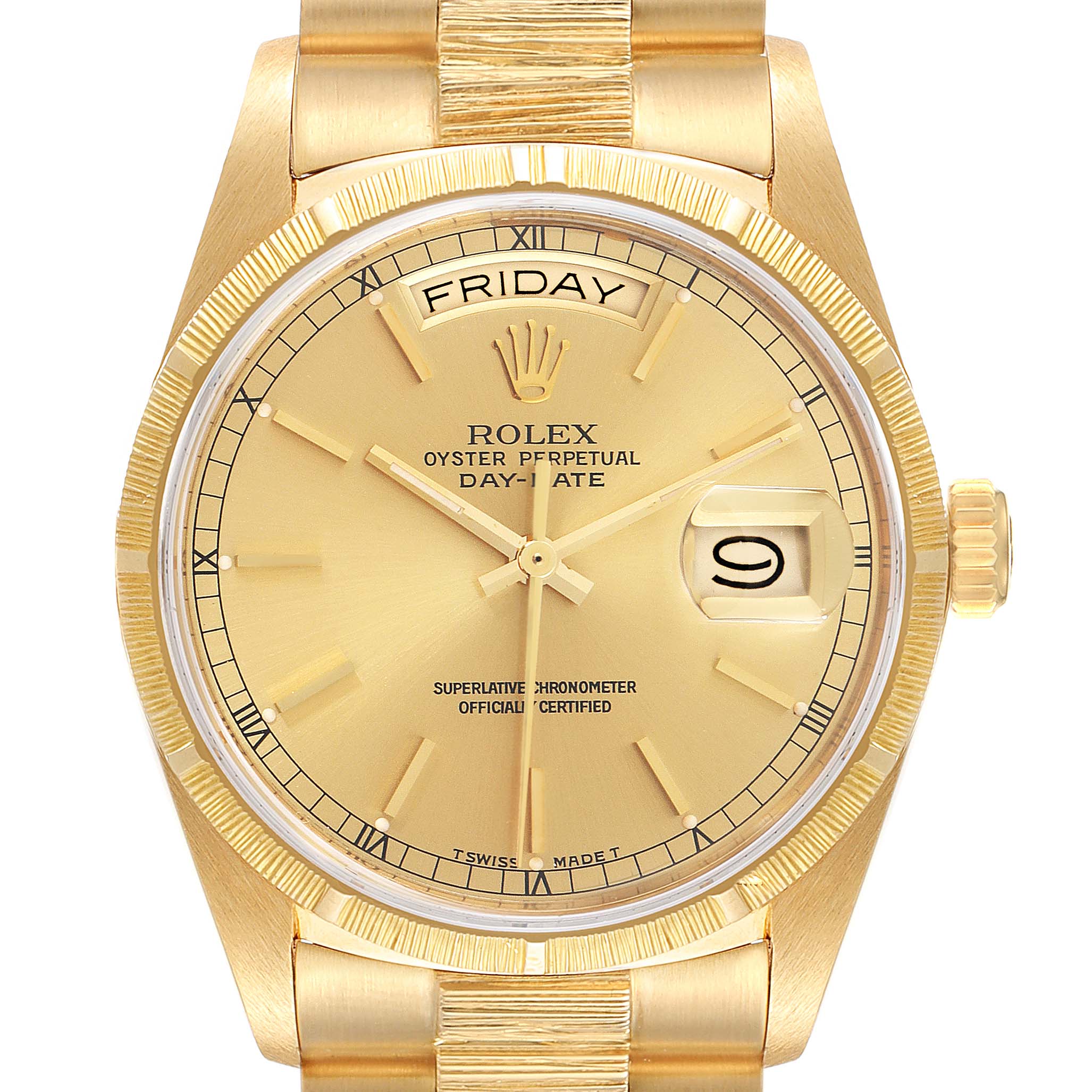 This image shows the front view of a Rolex President 18078 Men's Yellow Gold Champagne Dial 18078 Men's Yellow Gold Champagne Dial model watch with a focus on the dial, day, and date indicators.