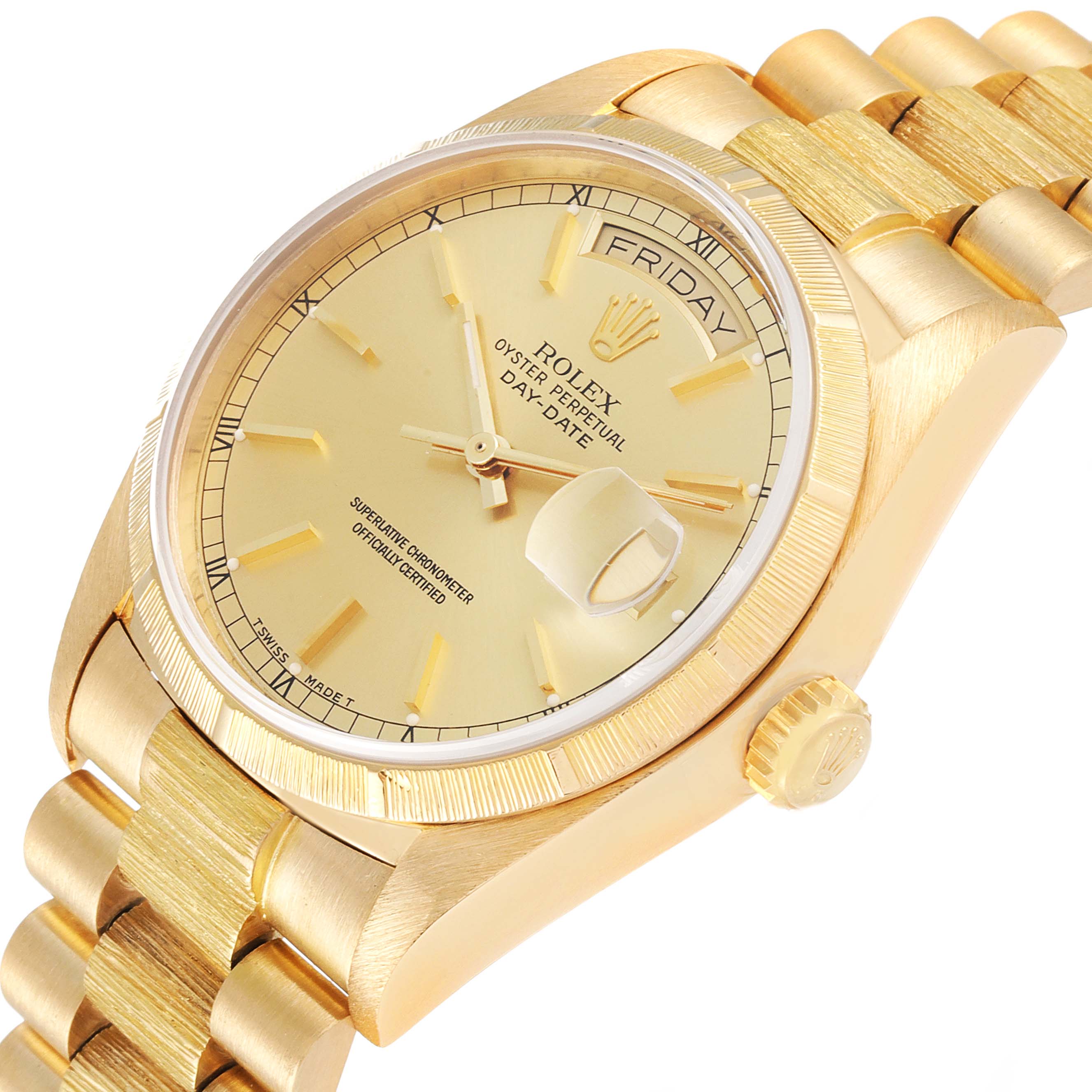 The image shows a close-up, angled view of a Rolex President 18078 Men's Yellow Gold Champagne Dial 18078 Men's Yellow Gold Champagne Dial watch, displaying its golden dial, fluted bezel, and bracelet.