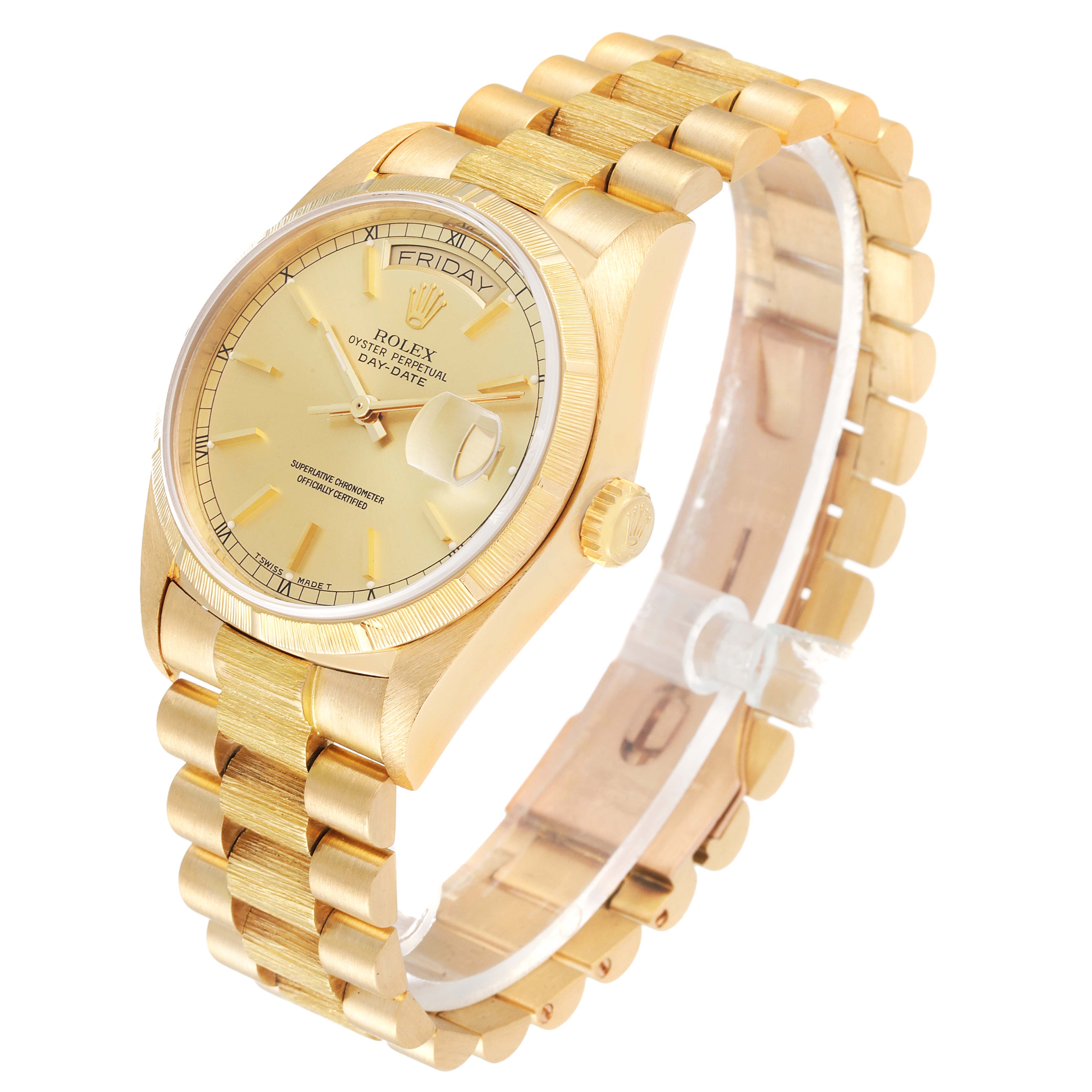 This image shows a Rolex President 18078 Men's Yellow Gold Champagne Dial 18078 Men's Yellow Gold Champagne Dial model watch at an angle emphasizing the dial, bezel, crown, and gold bracelet.