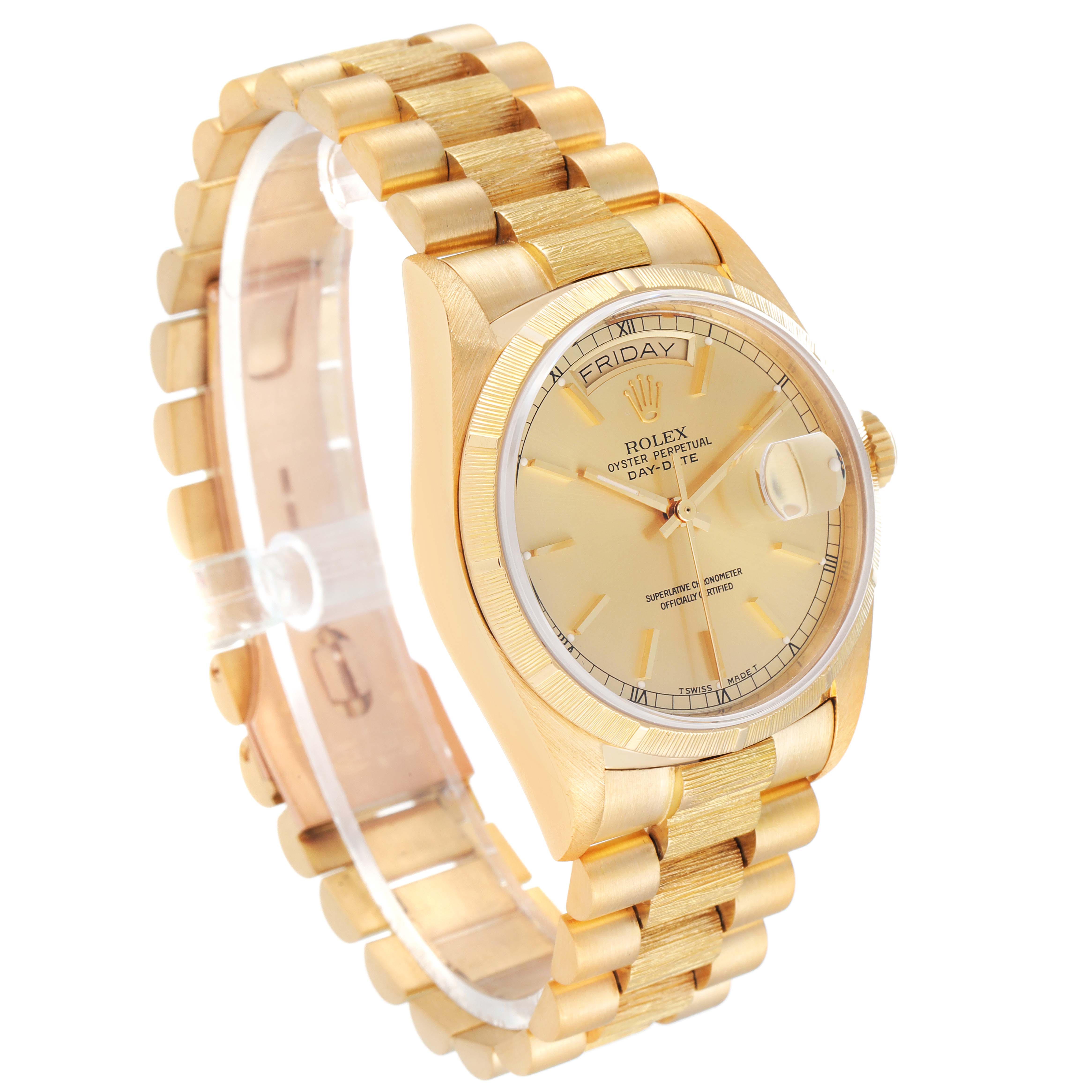 This image shows a Rolex President 18078 Men's Yellow Gold Champagne Dial 18078 Men's Yellow Gold Champagne Dial model watch at an angled view, highlighting its gold link bracelet and detailed face.