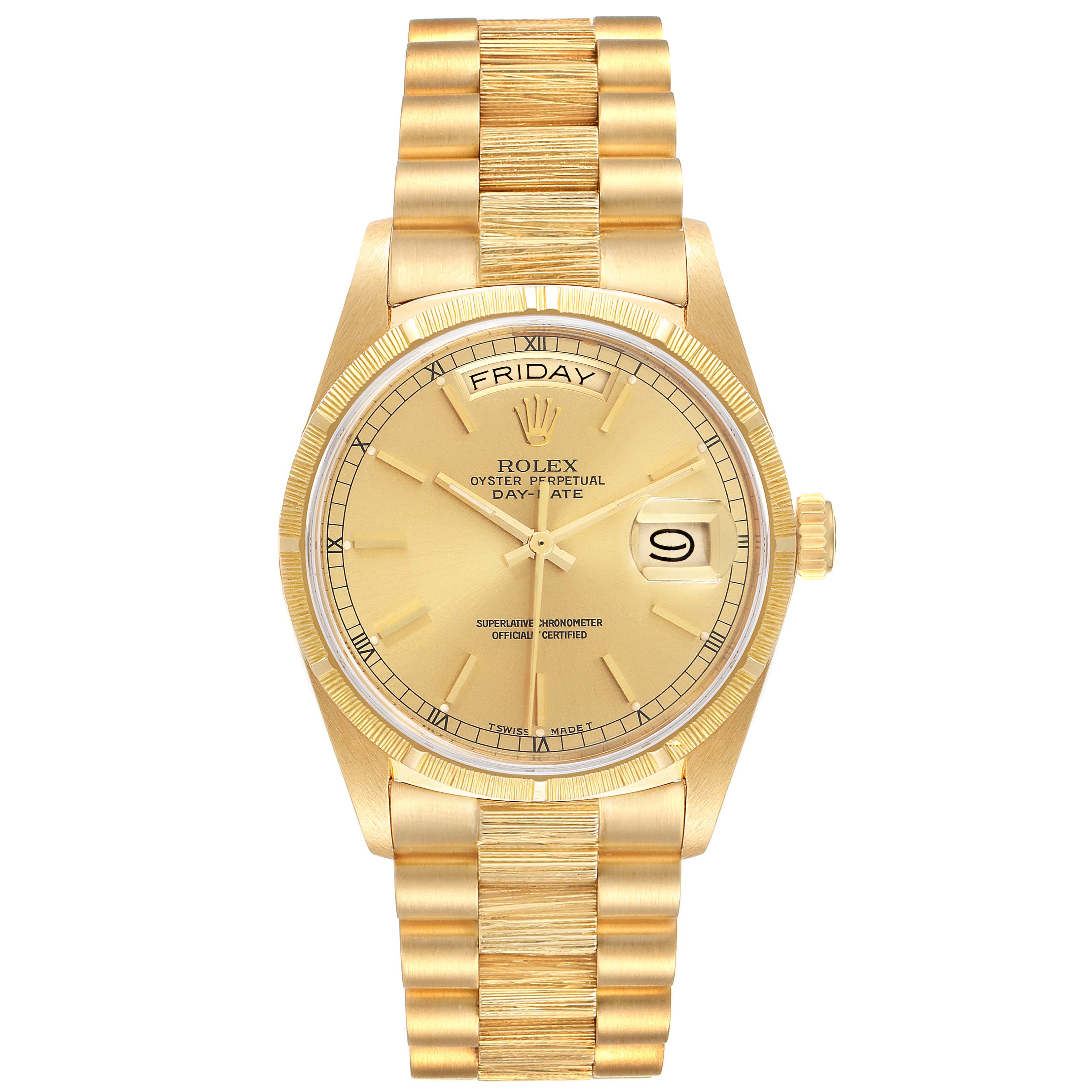 The image shows a front view of a Rolex President 18078 Men's Yellow Gold Champagne Dial 18078 Men's Yellow Gold Champagne Dial model watch, highlighting its gold dial, bracelet, and the day-date features.