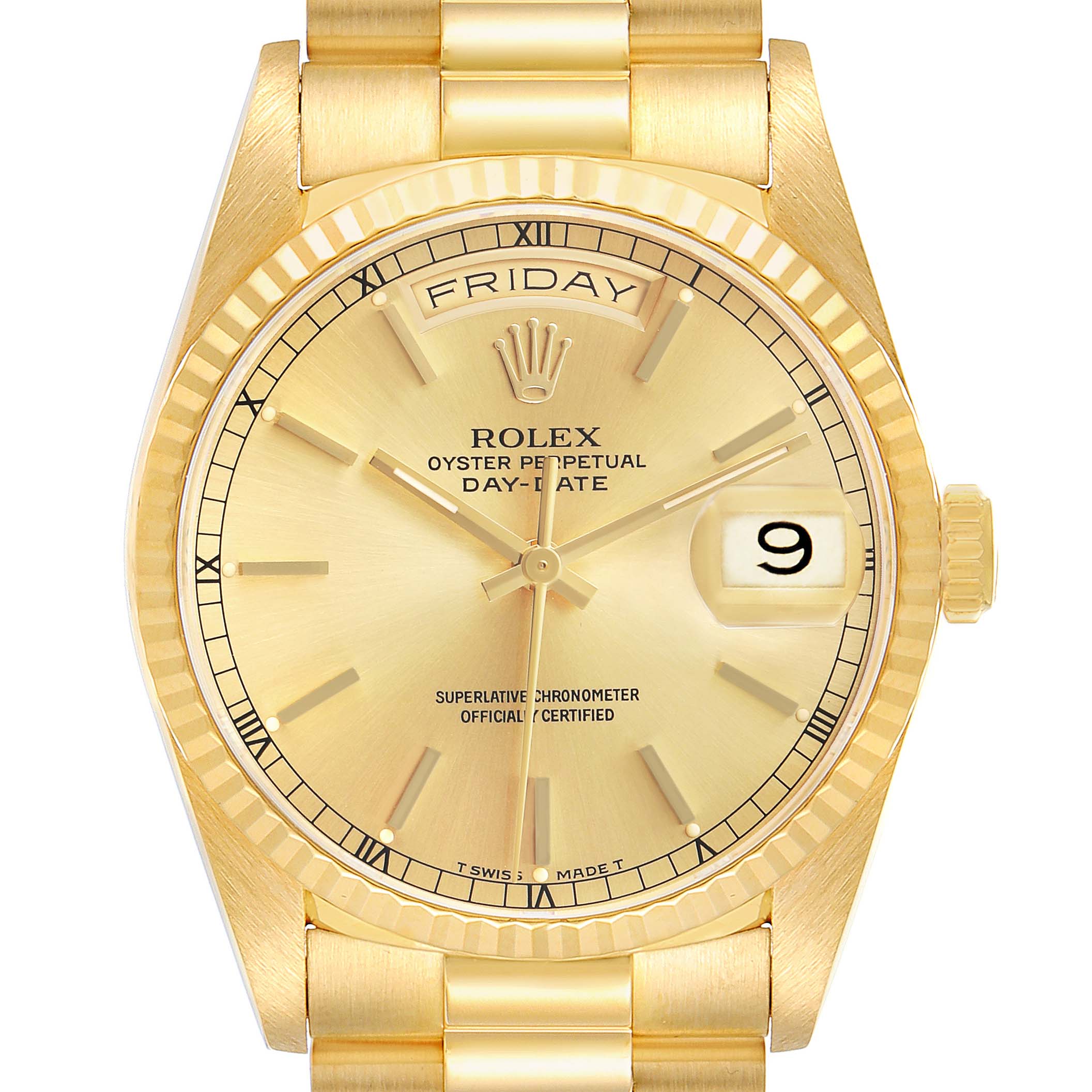 The Rolex President 18238 Men's Yellow Gold Champagne Dial model is shown from the front, highlighting the dial, day/date window, bezel, and bracelet.