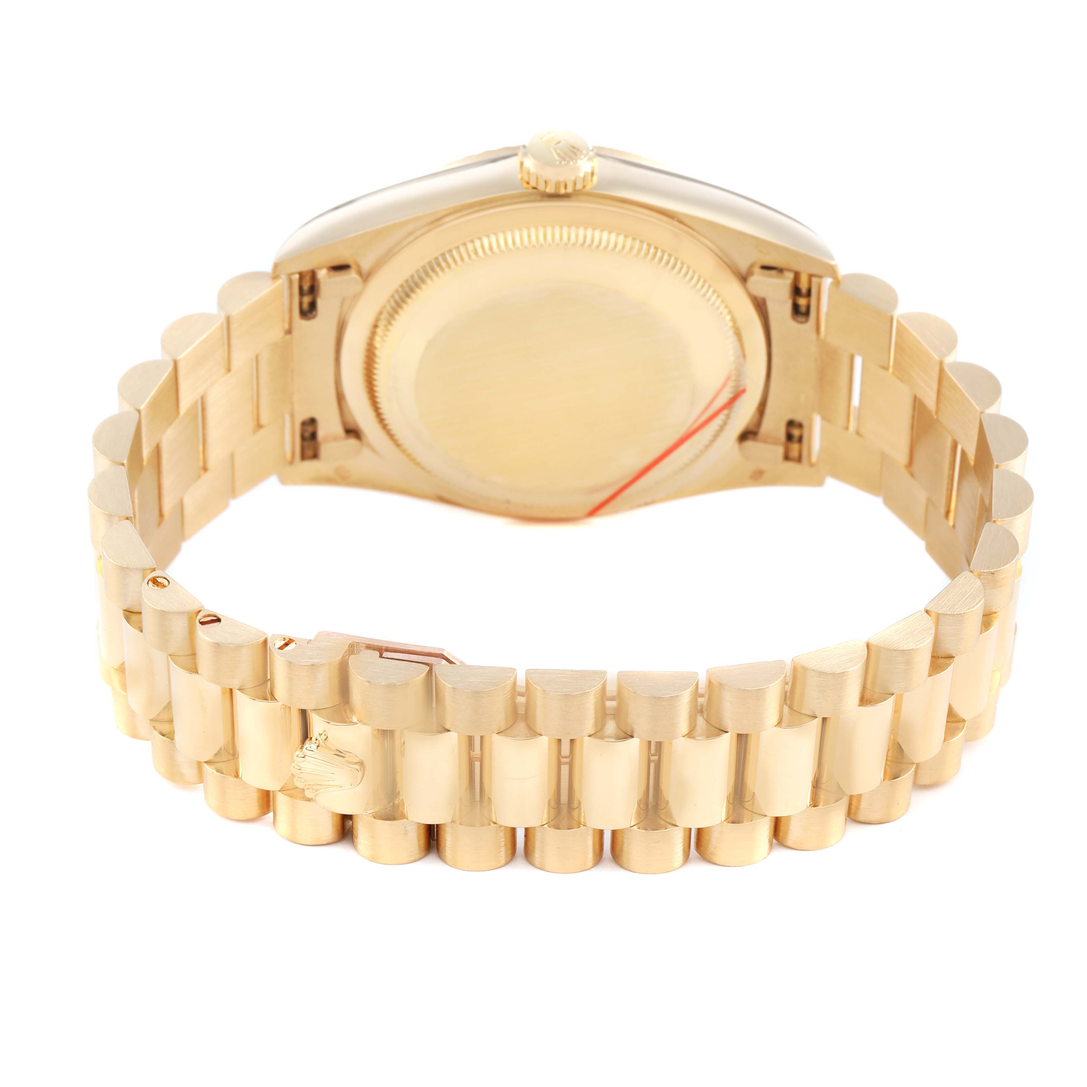 The Rolex President 18238 Men's Yellow Gold Champagne Dial model is shown from the rear, highlighting its case back, crown, and bracelet.