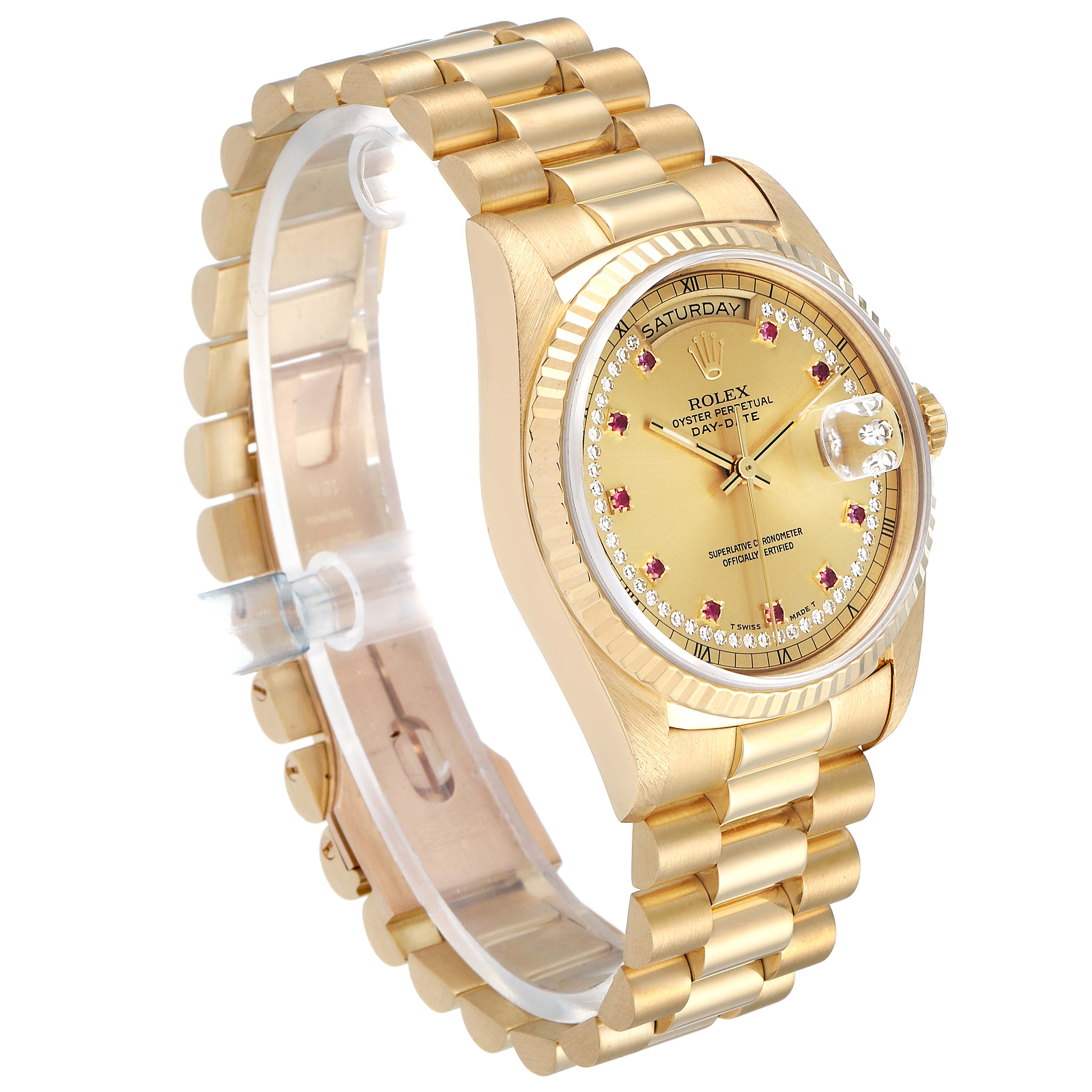 This image shows a Rolex President 18238 Men's Yellow Gold Champagne Dial 18238 Men's Yellow Gold Champagne Dial model watch at an angled side view, highlighting the band, face, and crown.