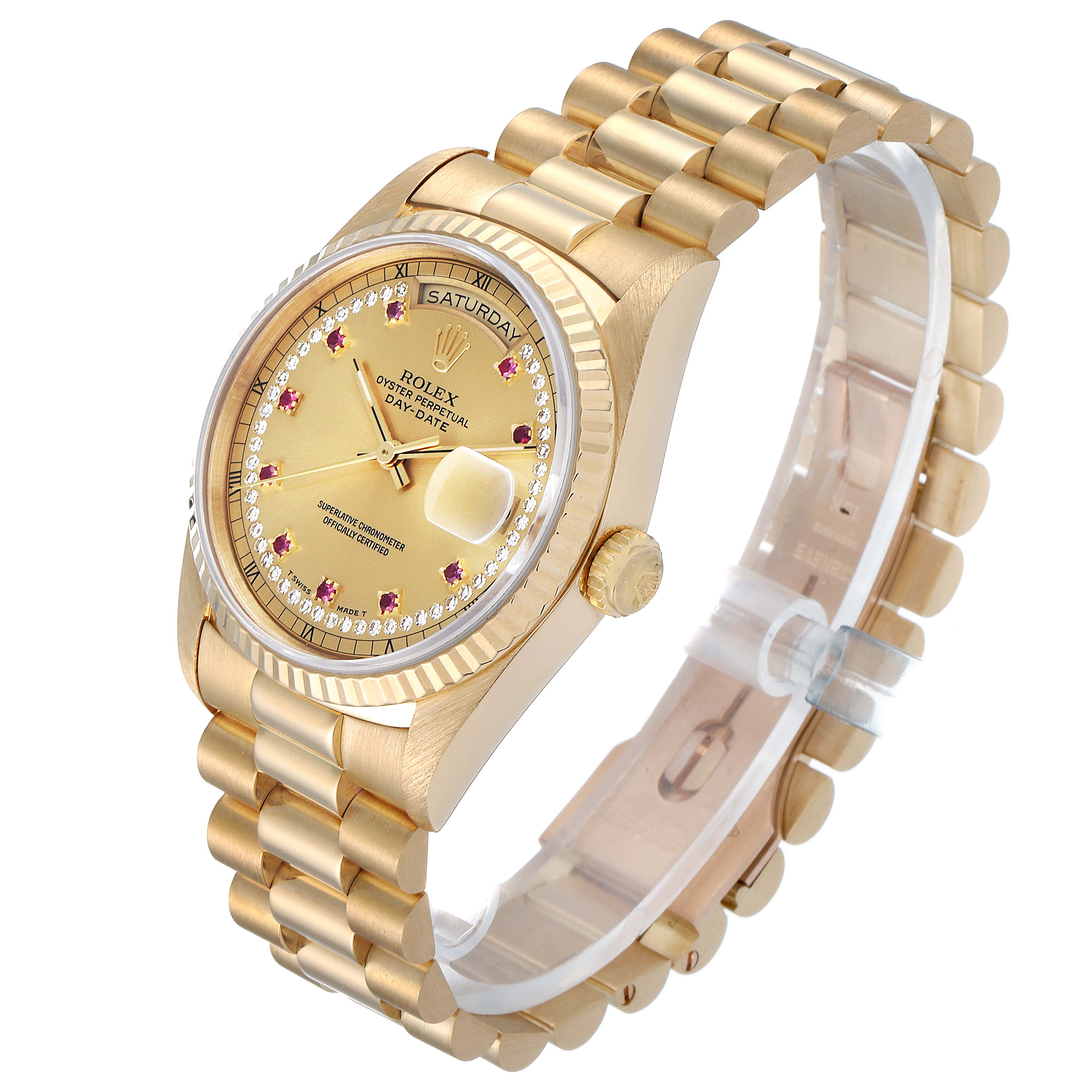 This image shows a gold Rolex President 18238 Men's Yellow Gold Champagne Dial 18238 Men's Yellow Gold Champagne Dial model watch at a three-quarter angle, highlighting its face, bracelet, and crown.