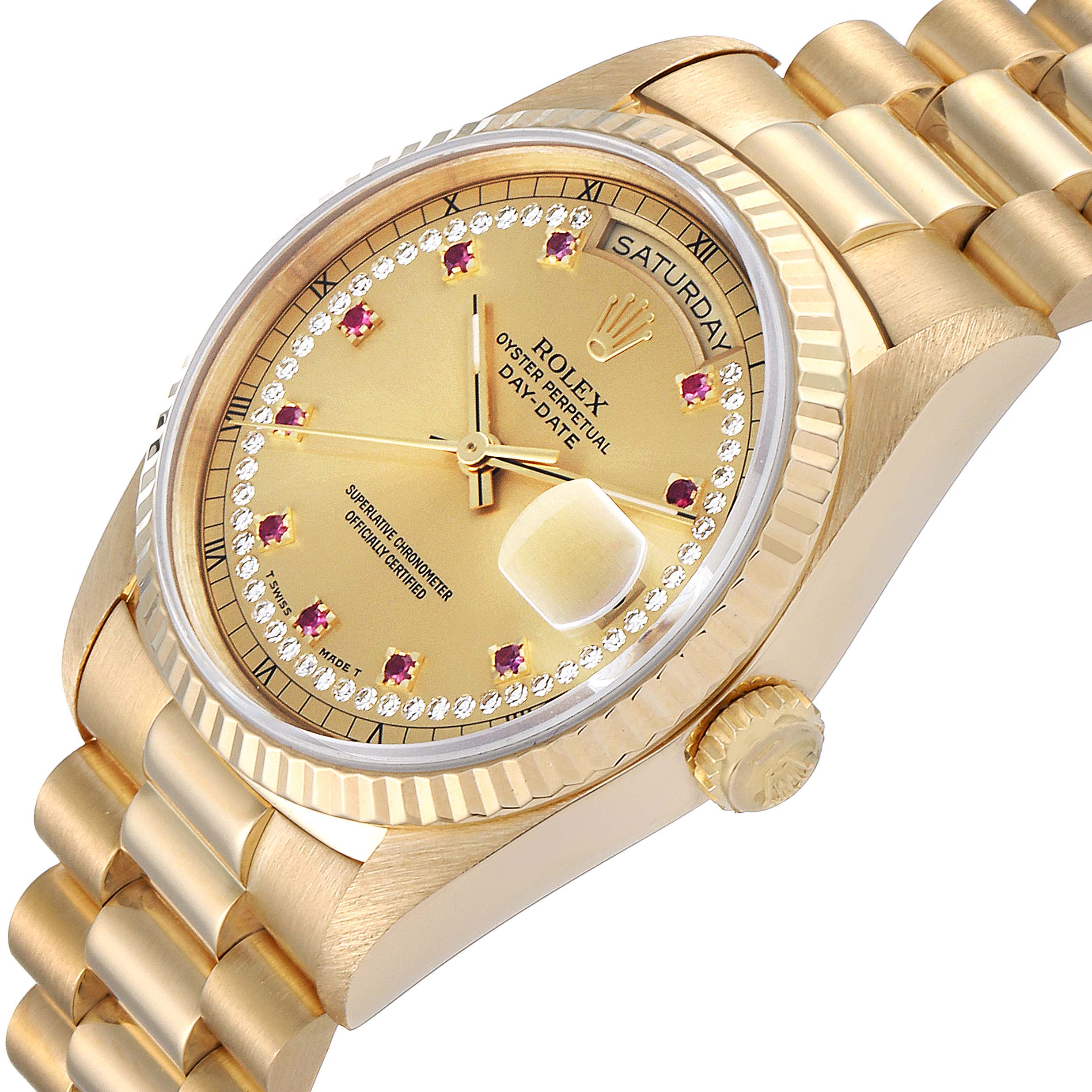 This angled view shows the face, band, and crown of the Rolex President 18238 Men's Yellow Gold Champagne Dial 18238 Men's Yellow Gold Champagne Dial model watch.