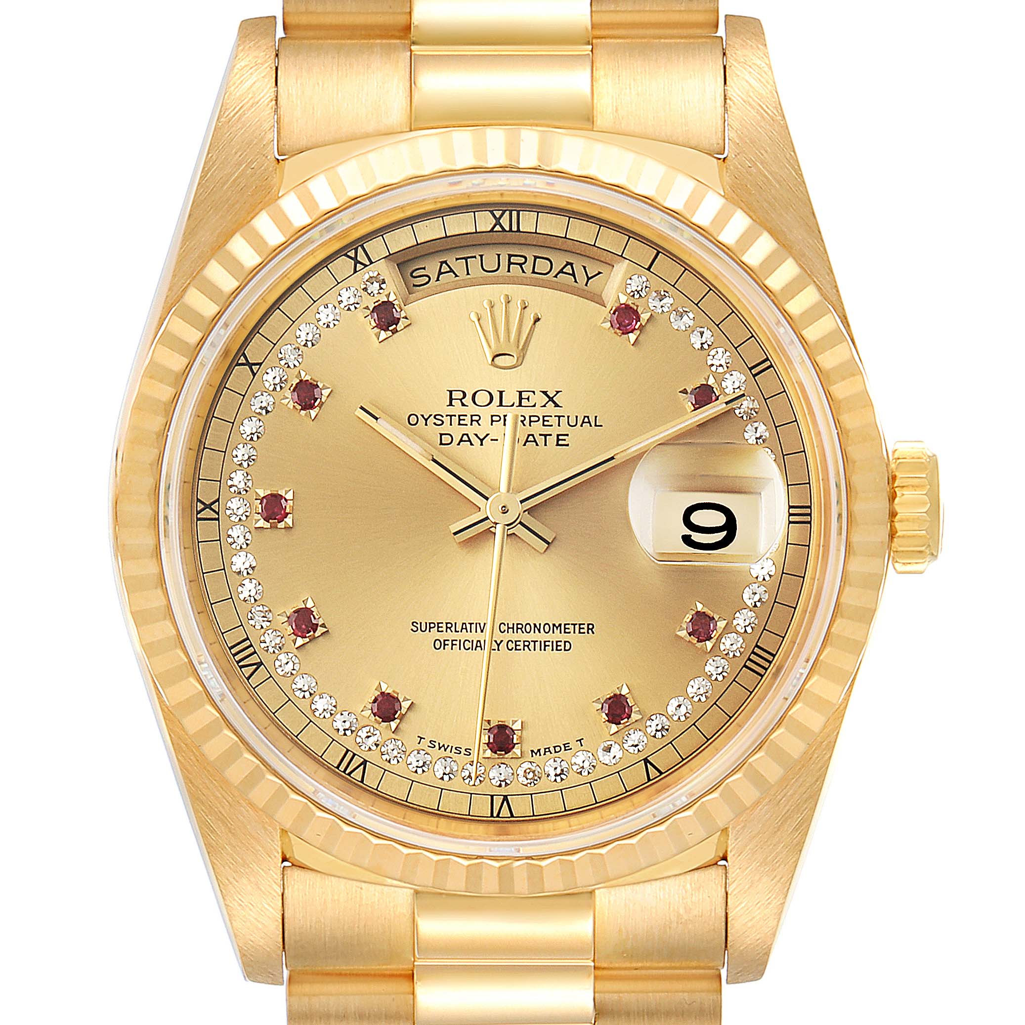 The image shows a frontal view of a Rolex President 18238 Men's Yellow Gold Champagne Dial 18238 Men's Yellow Gold Champagne Dial model watch, showcasing its gold case, bracelet, and detailed dial with date display.