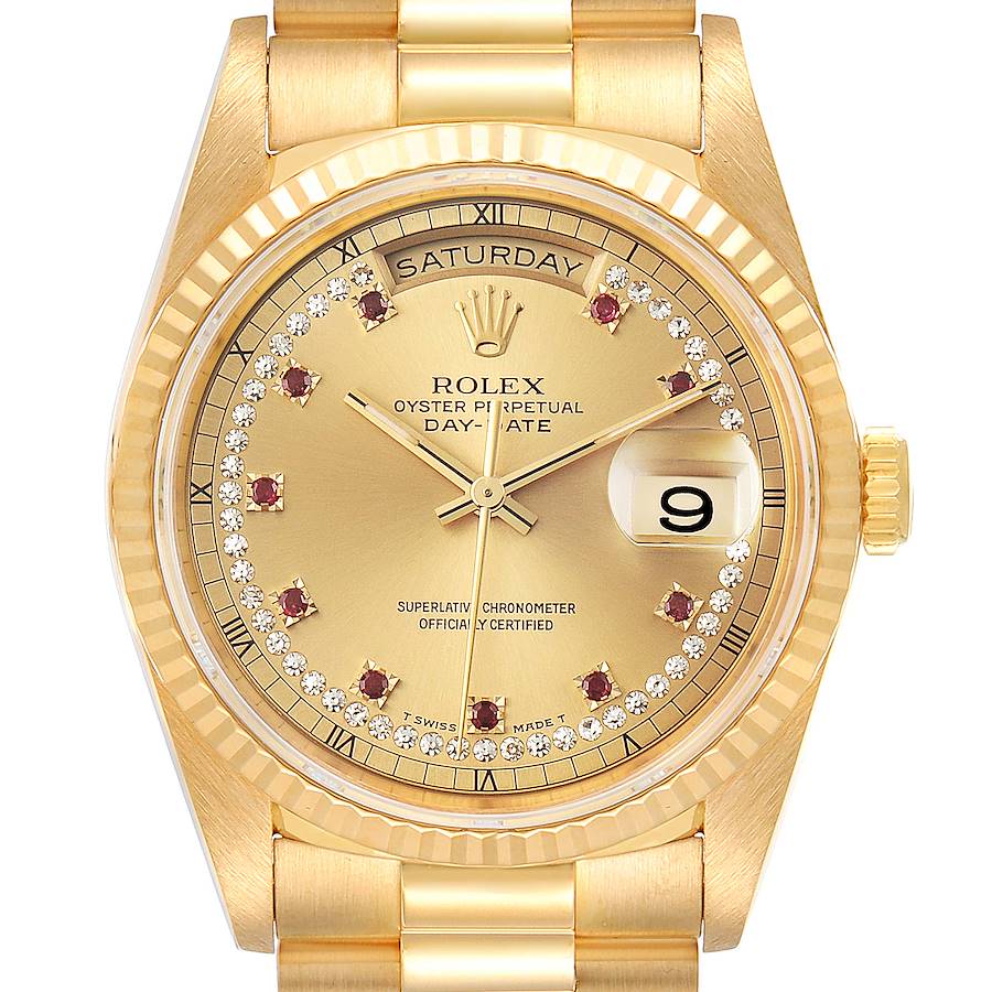 Rolex President Day-Date Yellow Gold String Diamond Ruby Dial Watch 18238 SwissWatchExpo