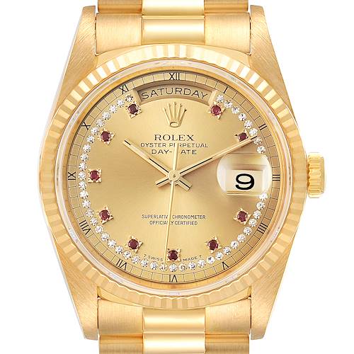 Photo of Rolex President Day-Date Yellow Gold String Diamond Ruby Dial Watch 18238