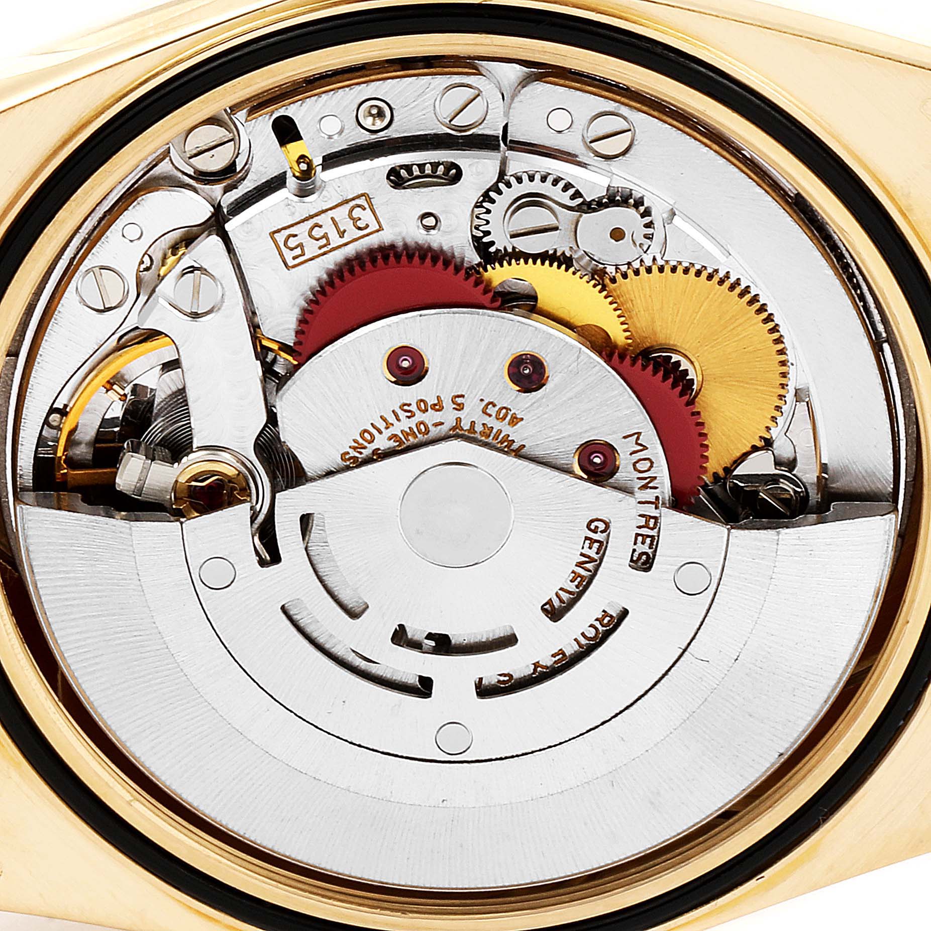 This image shows the internal mechanism and movement of a Rolex President 18238 Men's Yellow Gold Champagne Dial 18238 Men's Yellow Gold Champagne Dial model watch from a rear view angle.