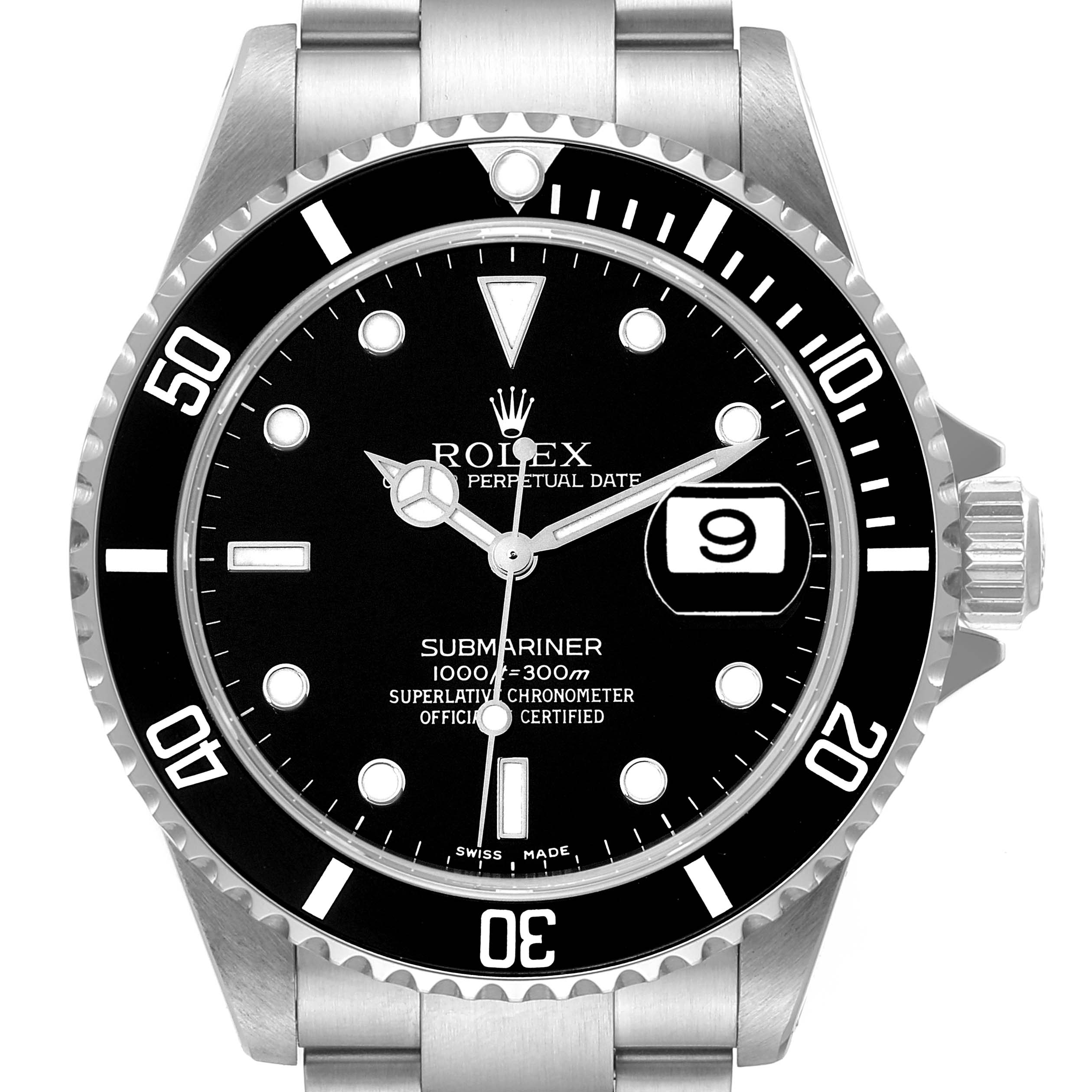 This is a front view of a Rolex Submariner 16610 Men's Stainless Steel Black Dial 16610 Men's Stainless Steel Black Dial watch, showing the dial, bezel, date window, and part of the bracelet.