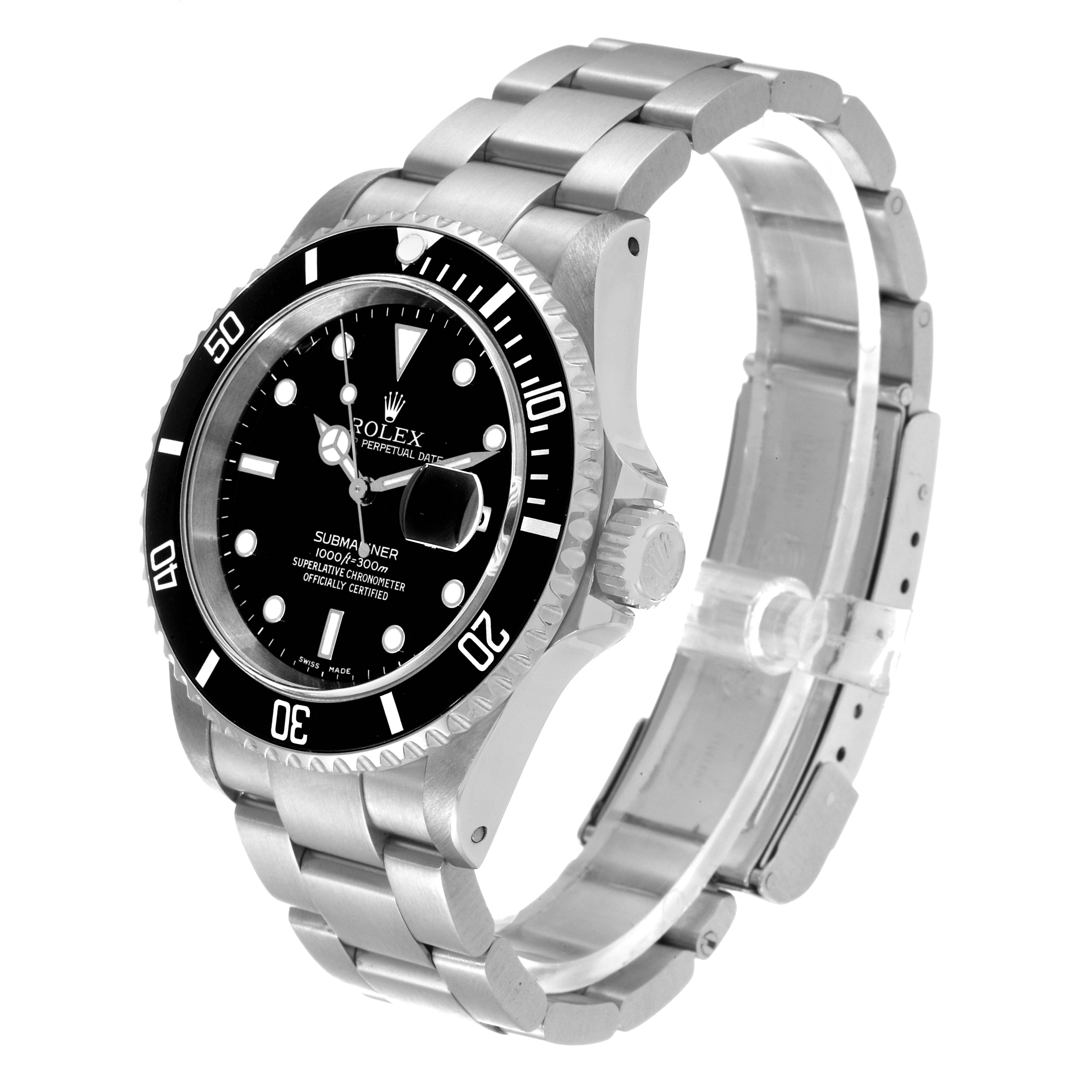The image shows a three-quarter view of a Rolex Submariner 16610 Men's Stainless Steel Black Dial 16610 Men's Stainless Steel Black Dial watch, highlighting its bezel, dial, case, and bracelet.