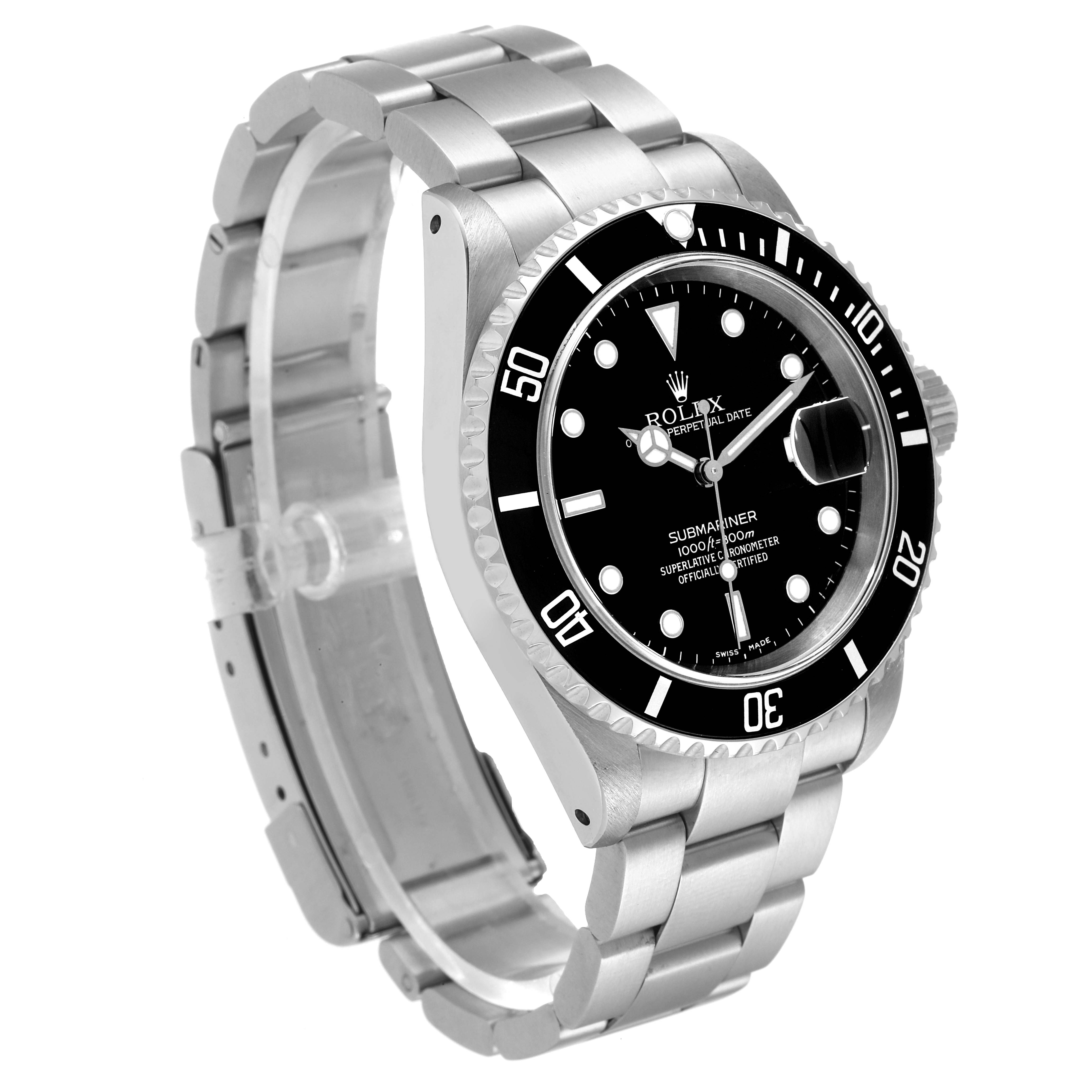 The Rolex Submariner 16610 Men's Stainless Steel Black Dial 16610 Men's Stainless Steel Black Dial watch is shown at a three-quarter angle with its bezel, dial, bracelet, and crown visible.