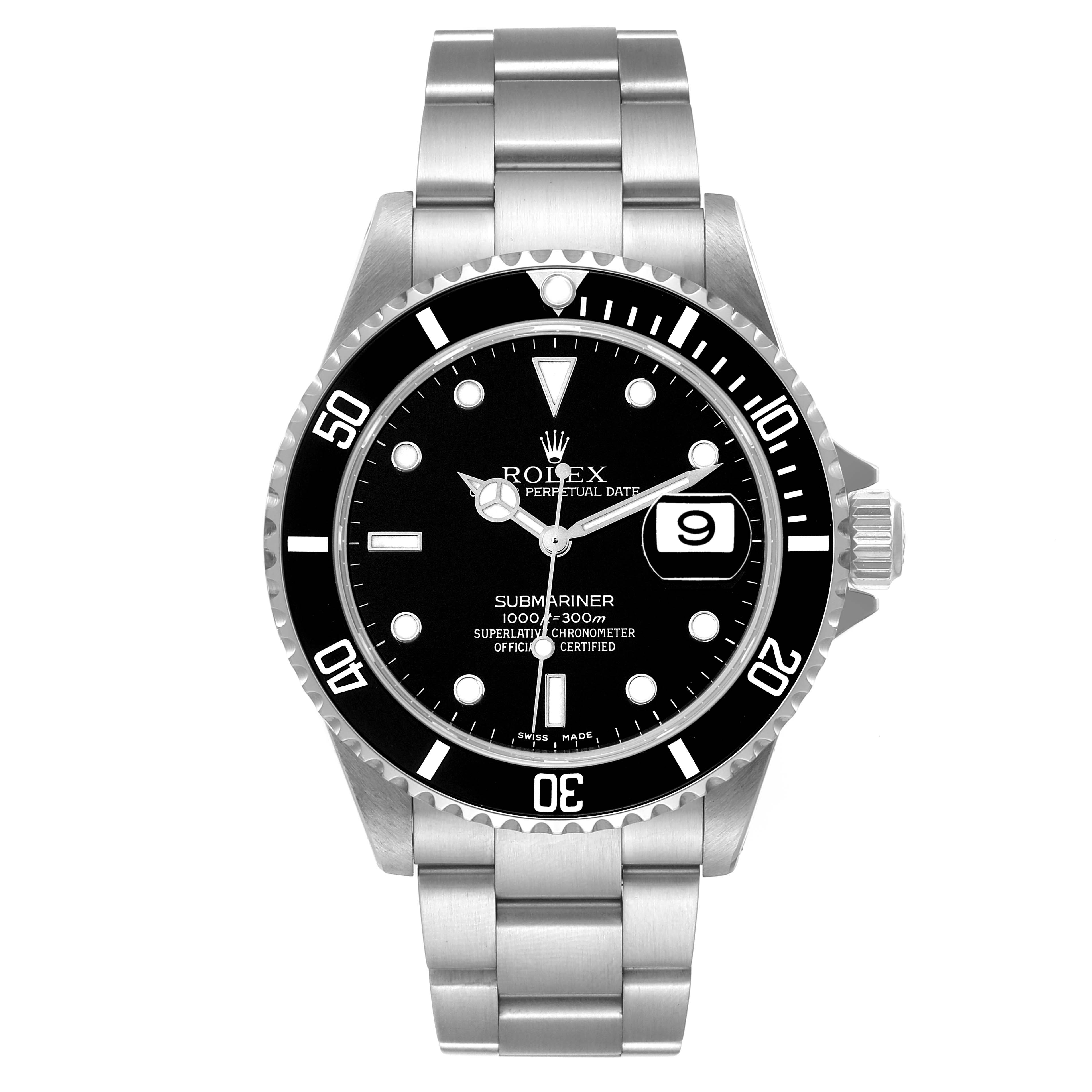 The image shows a front view of a Rolex Submariner 16610 Men's Stainless Steel Black Dial 16610 Men's Stainless Steel Black Dial watch, displaying its dial, bezel, and bracelet.