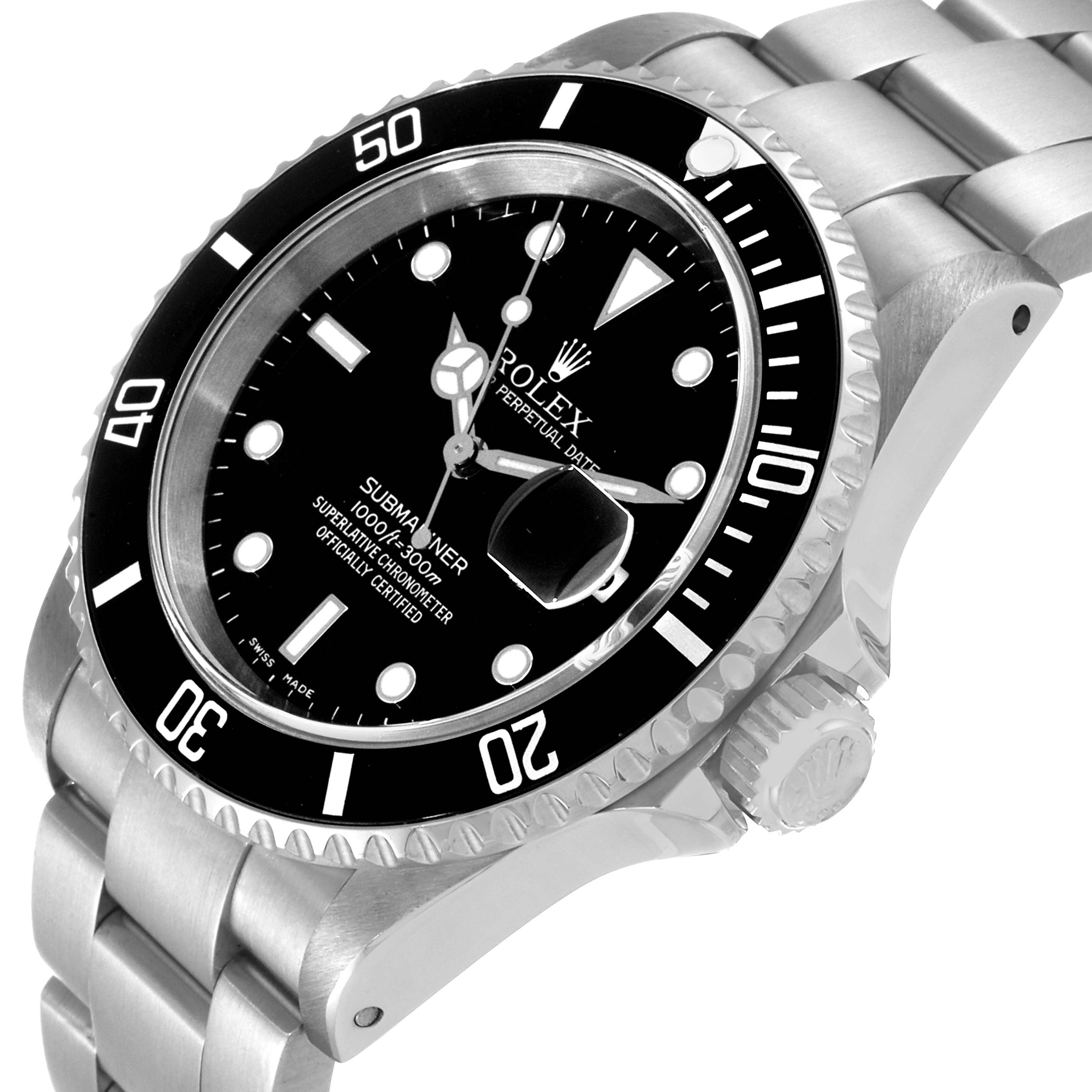This image shows the Rolex Submariner 16610 Men's Stainless Steel Black Dial 16610 Men's Stainless Steel Black Dial watch at a three-quarter angle, highlighting its bezel, dial, crown, and bracelet.