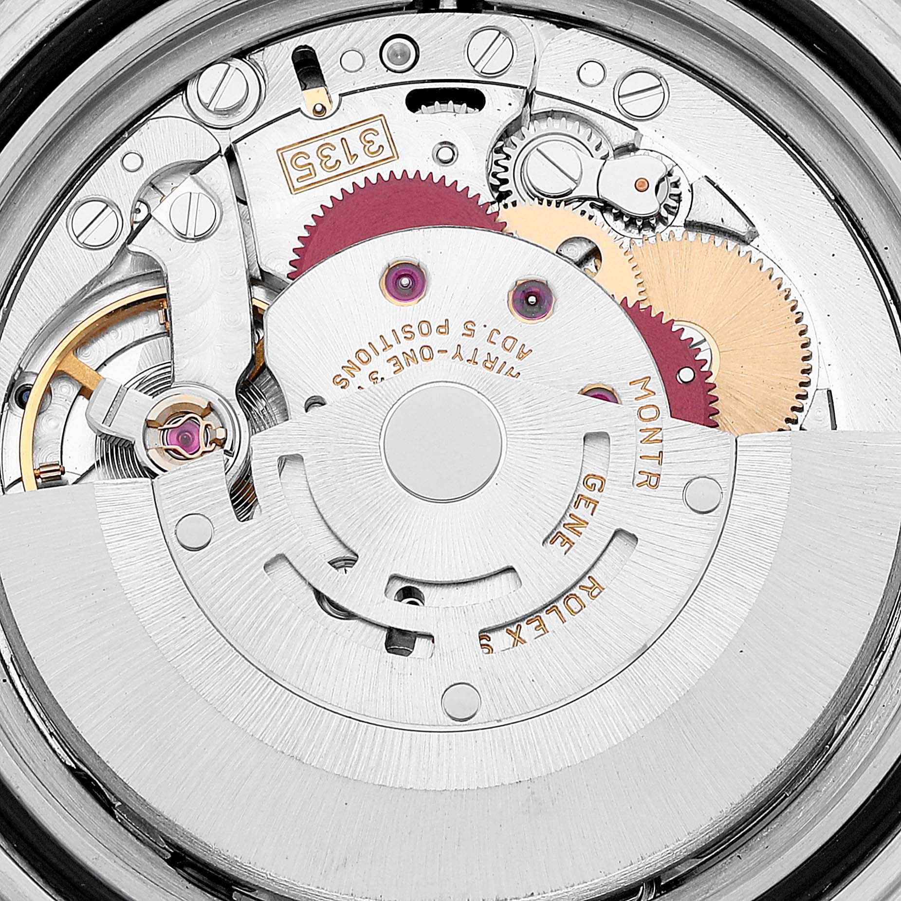 The image shows the intricate internal movement mechanism of a Rolex Submariner 16610 Men's Stainless Steel Black Dial 16610 Men's Stainless Steel Black Dial watch, including gears and the rotor.