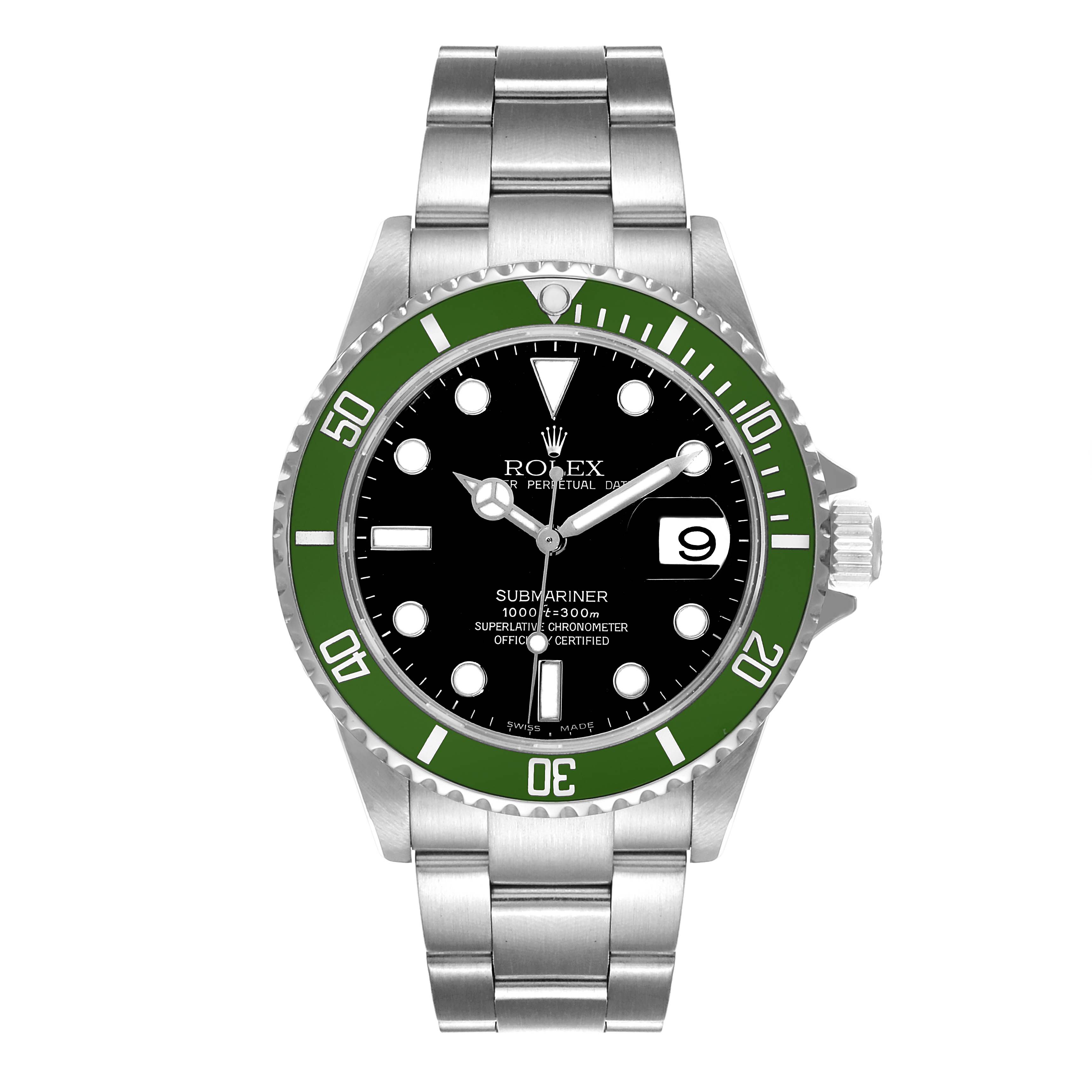 This image shows a front view of a Rolex Submariner 16610LV Men
s Stainless Steel Black Dial 16610LV Men
s Stainless Steel Black Dial watch, showcasing the face, bezel, and bracelet.