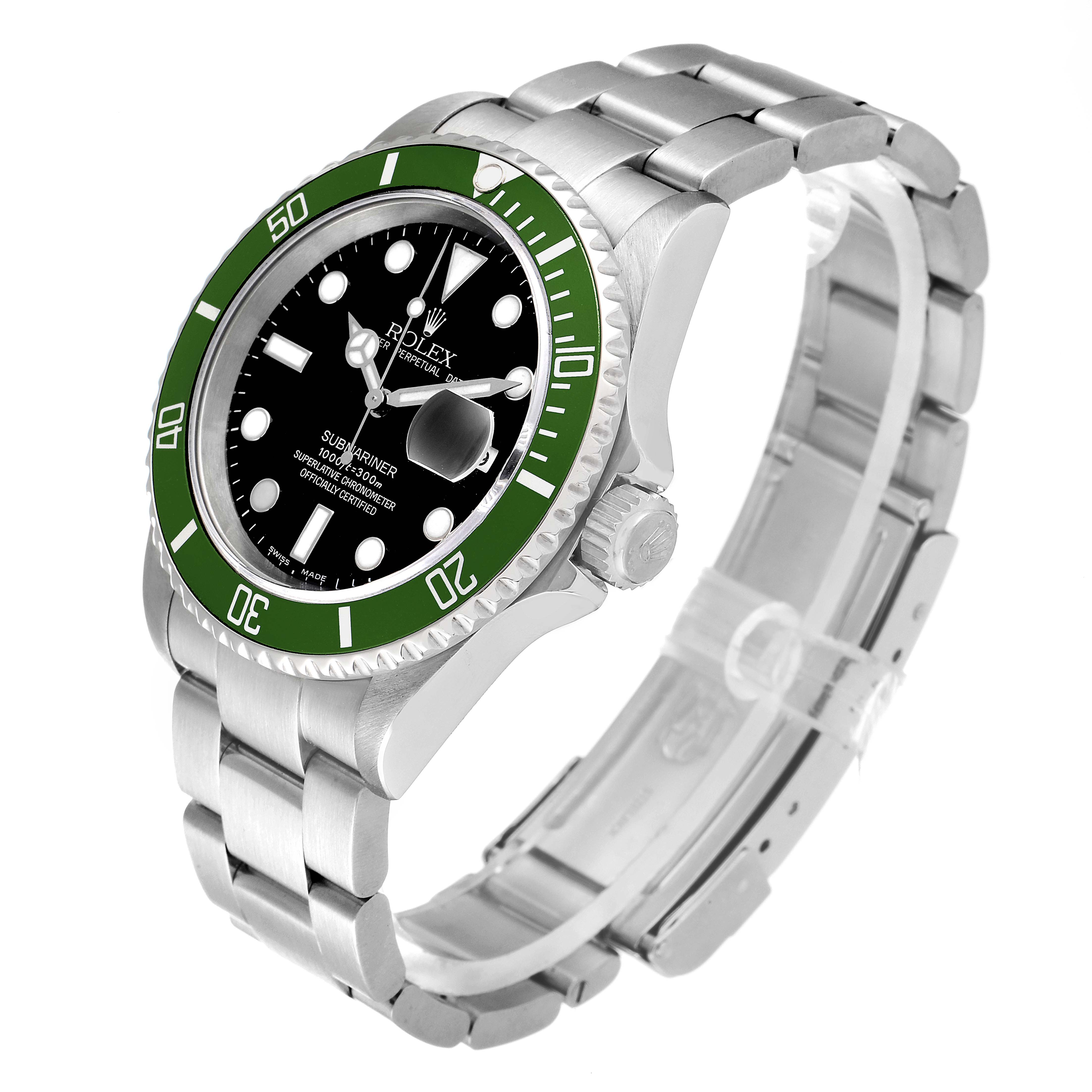 The image shows a Rolex Submariner 16610LV Men
s Stainless Steel Black Dial 16610LV Men
s Stainless Steel Black Dial watch at an angled side view, highlighting the green bezel, black dial, bracelet, and crown.