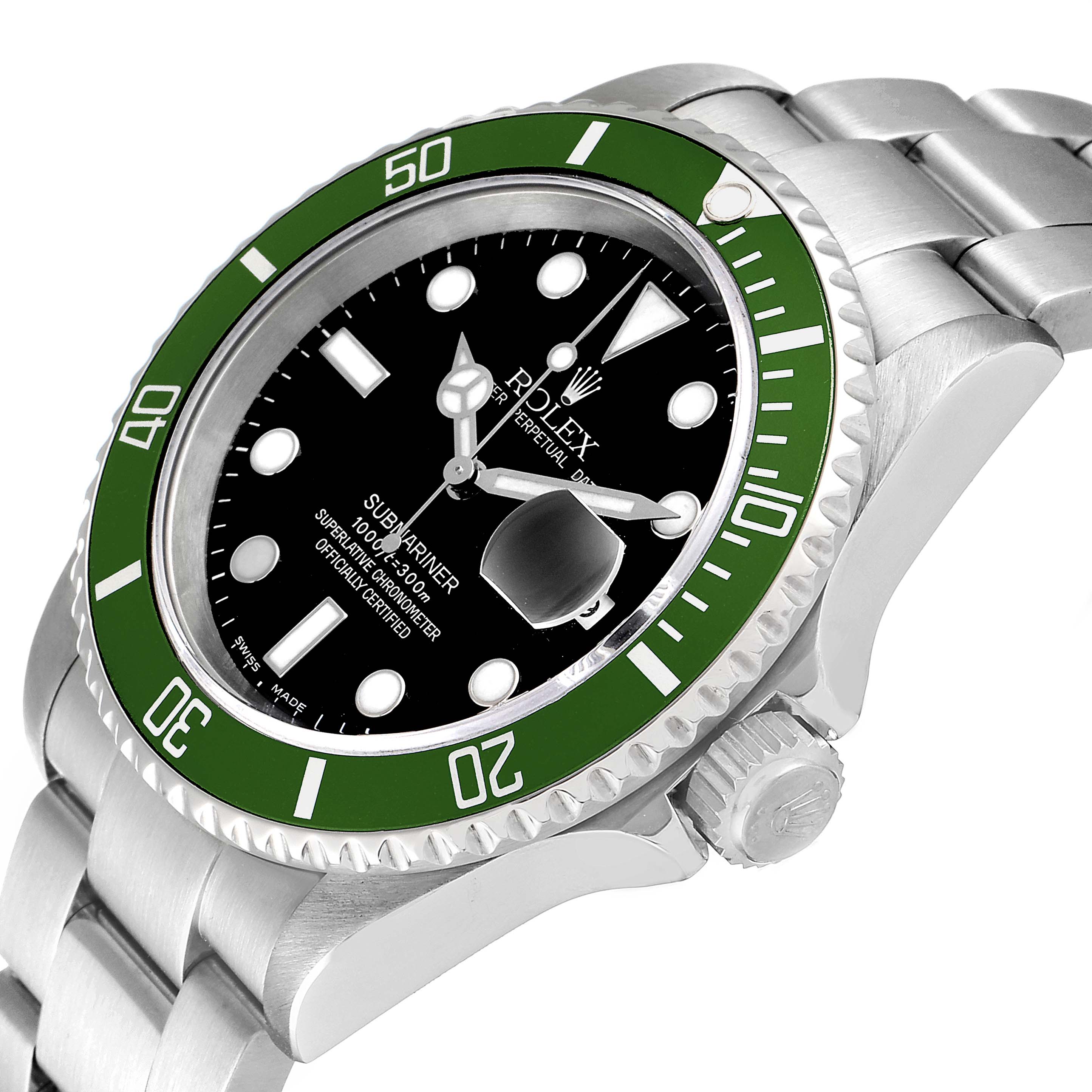 The image shows a Rolex Submariner 16610LV Men
s Stainless Steel Black Dial 16610LV Men
s Stainless Steel Black Dial watch at an angled close-up, highlighting its green bezel, black dial, and metal bracelet.