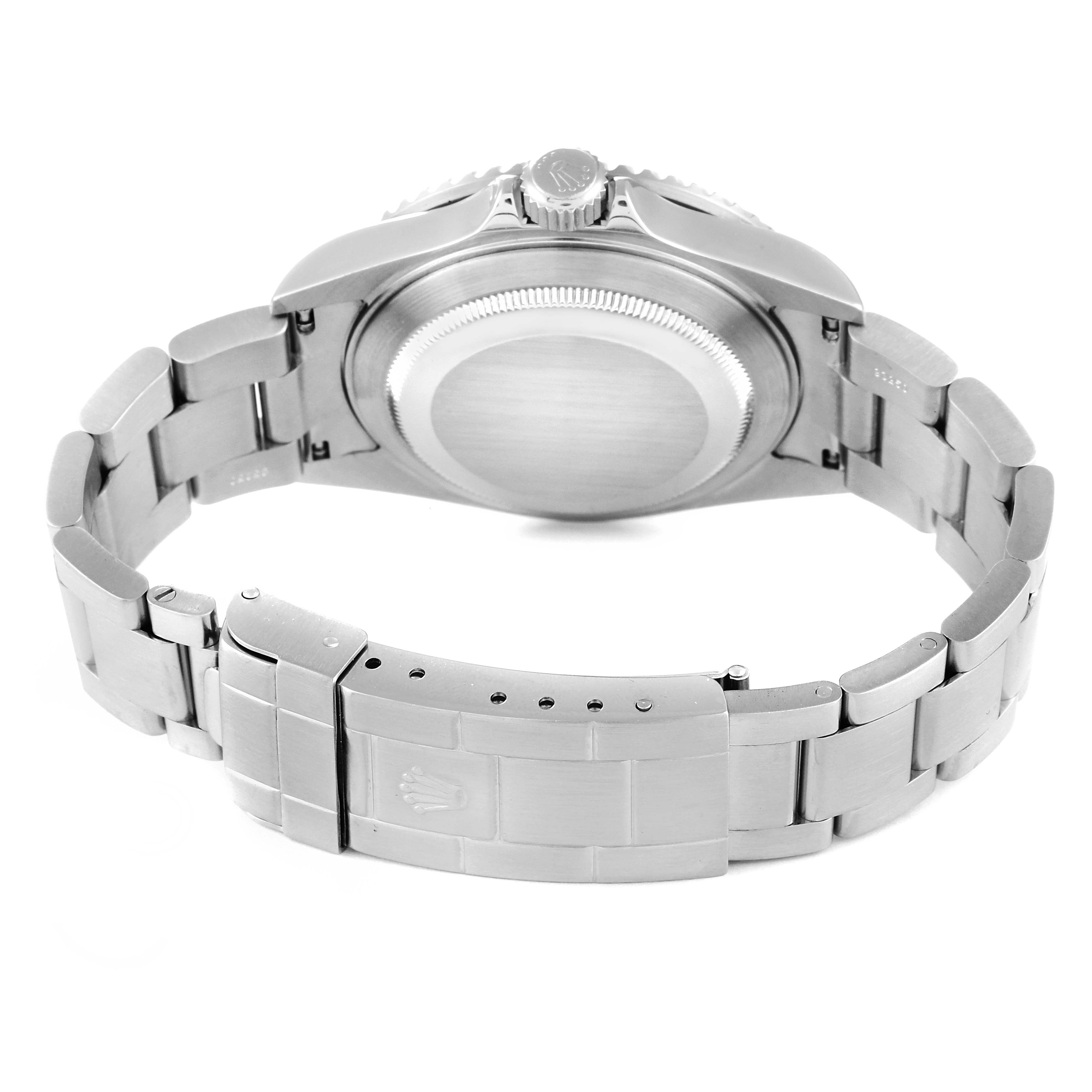 The image shows the back view of the Rolex Submariner 16610LV Men
s Stainless Steel Black Dial 16610LV Men
s Stainless Steel Black Dial watch, highlighting its bracelet, clasp, and case back.