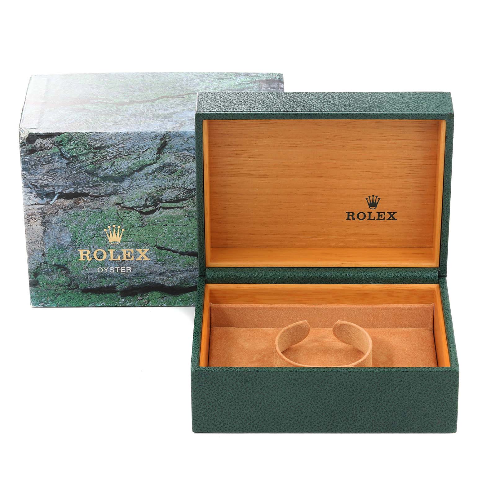 This image shows an open Rolex box and packaging for the Submariner model, displaying the empty watch display case and exterior box.