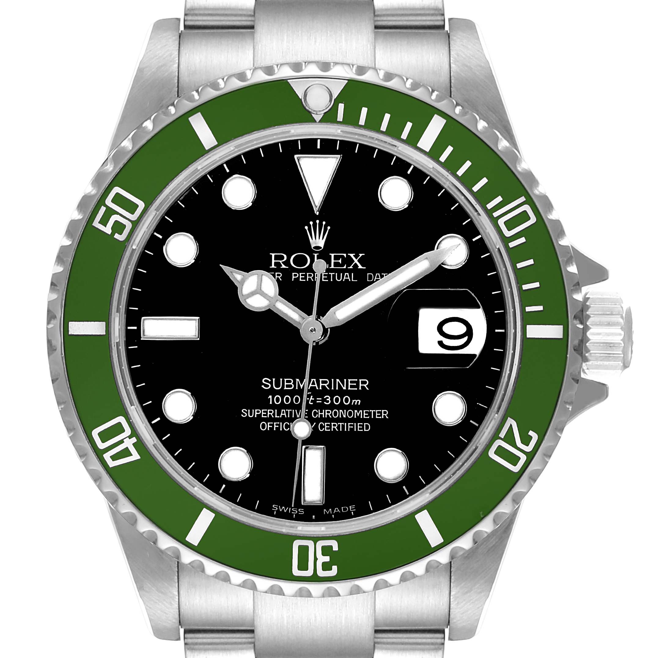 The image shows a front view of the Rolex Submariner 16610LV Men
s Stainless Steel Black Dial 16610LV Men
s Stainless Steel Black Dial watch, highlighting the dial, bezel, and a partial bracelet.