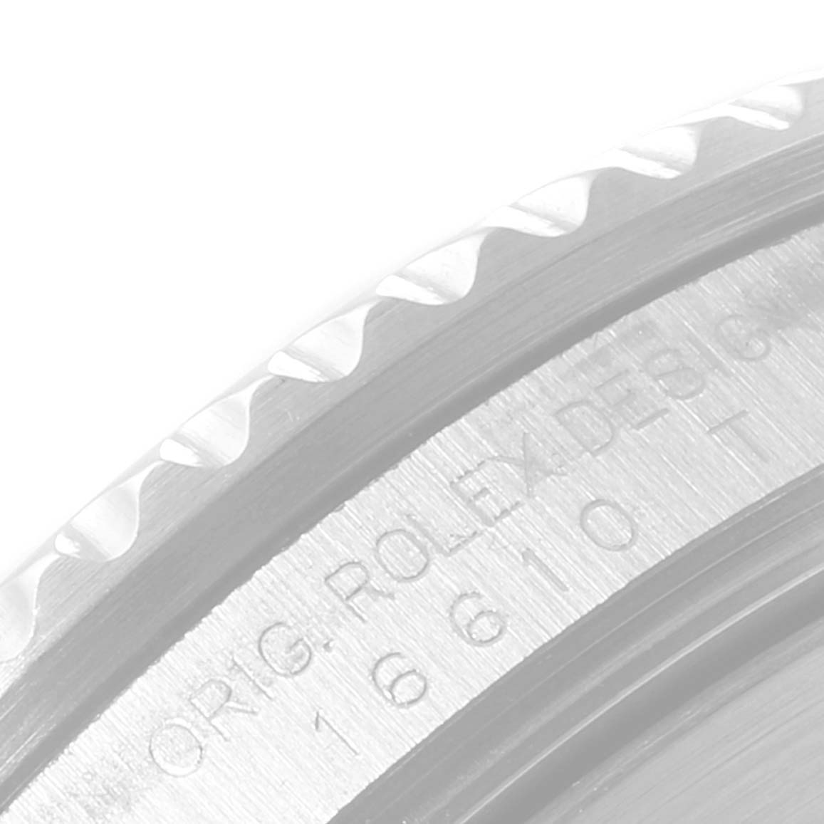 This is a close-up of the bezel and engravings on the side of a Rolex Submariner 16610LV Men
s Stainless Steel Black Dial 16610LV Men
s Stainless Steel Black Dial watch.