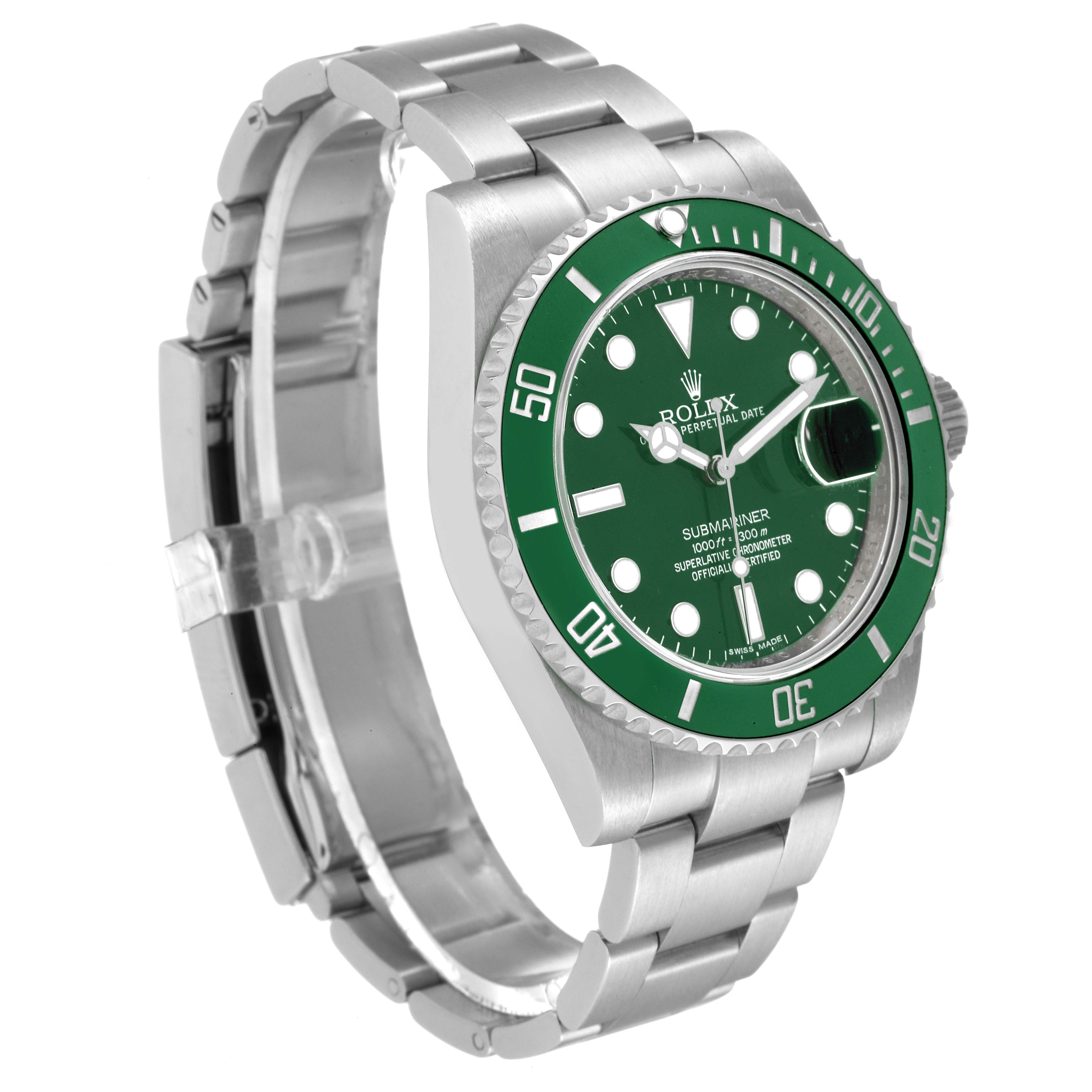 The image shows a Rolex Submariner 116610LV Men's Stainless Steel Green Dial 116610LV Men's Stainless Steel Green Dial watch angled from the front-left, highlighting the green bezel, dial, and stainless steel bracelet.