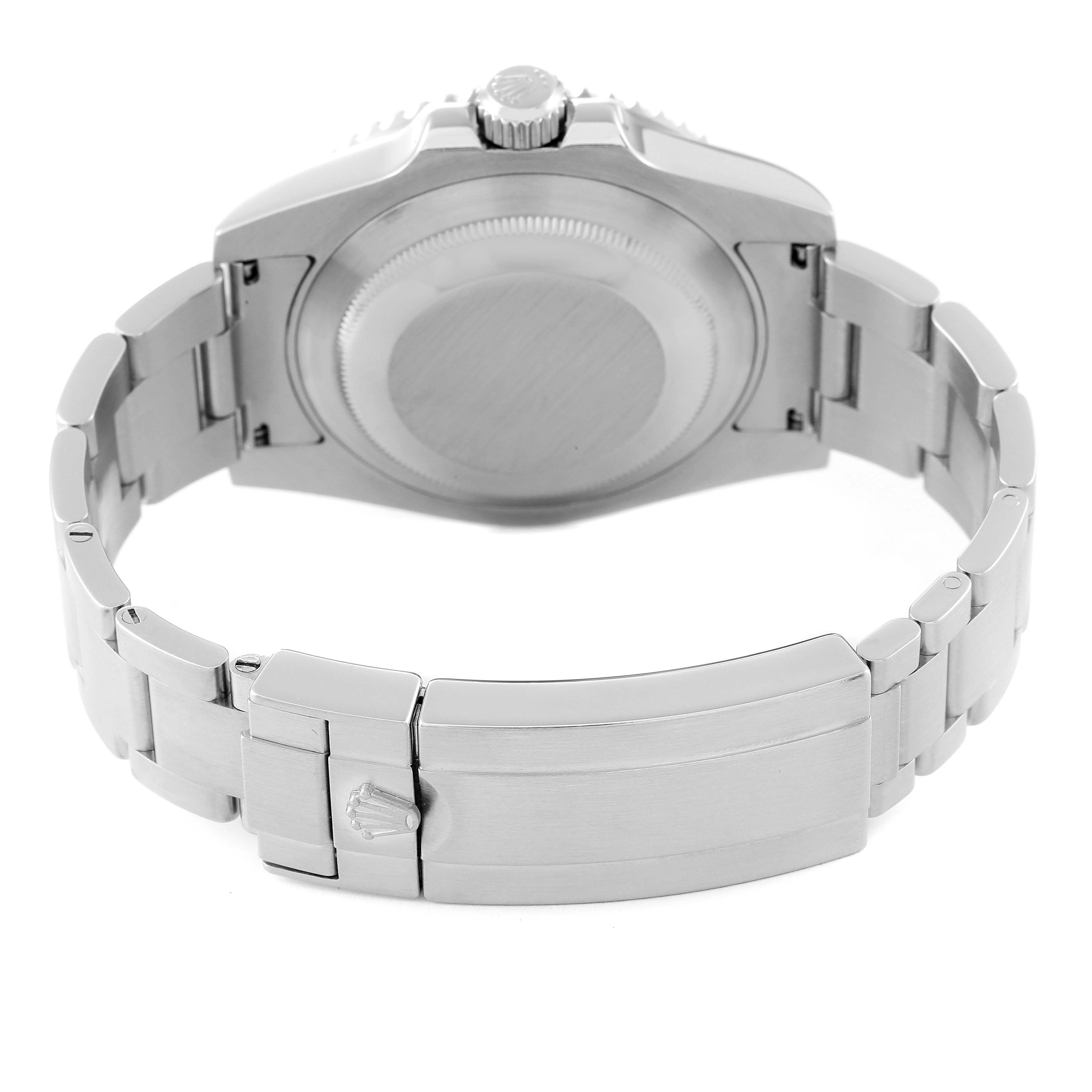 This image shows the back view of a Rolex Submariner 116610LV Men's Stainless Steel Green Dial 116610LV Men's Stainless Steel Green Dial watch, highlighting the bracelet and clasp.