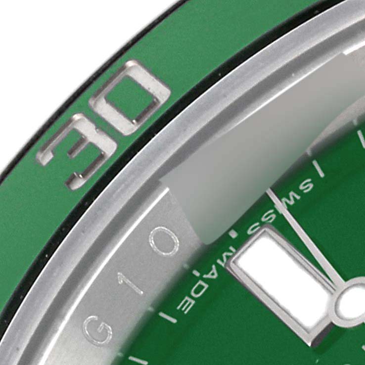 The close-up angle shows the green bezel with the "30" marker and part of the dial and minute hand of the Rolex Submariner 116610LV Men's Stainless Steel Green Dial 116610LV Men's Stainless Steel Green Dial watch.