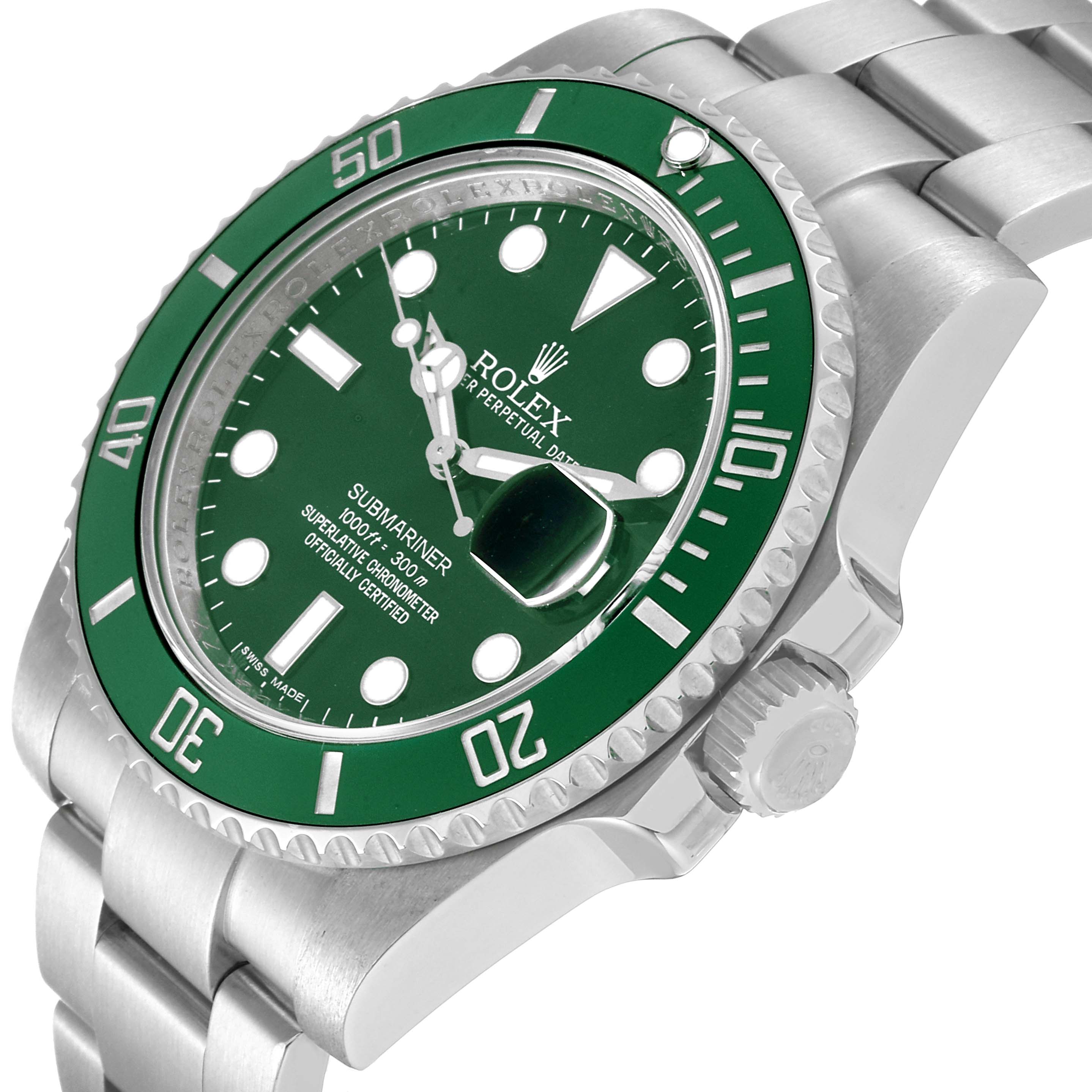 This image shows a Rolex Submariner 116610LV Men's Stainless Steel Green Dial 116610LV Men's Stainless Steel Green Dial watch with a green dial and bezel from a front-side angle.