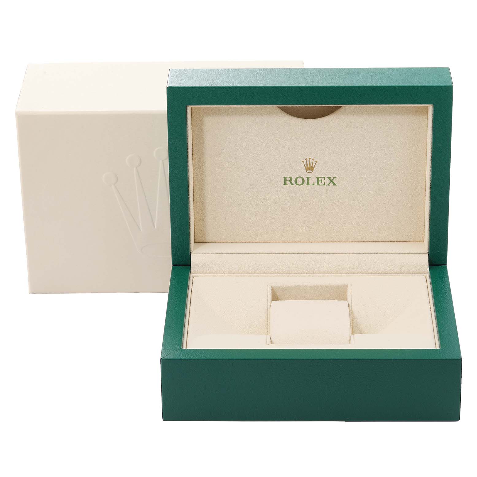 The image shows an empty Rolex Submariner 116610LV Men's Stainless Steel Green Dial 116610LV Men's Stainless Steel Green Dial watch box with its lid open, revealing the cushioned interior.