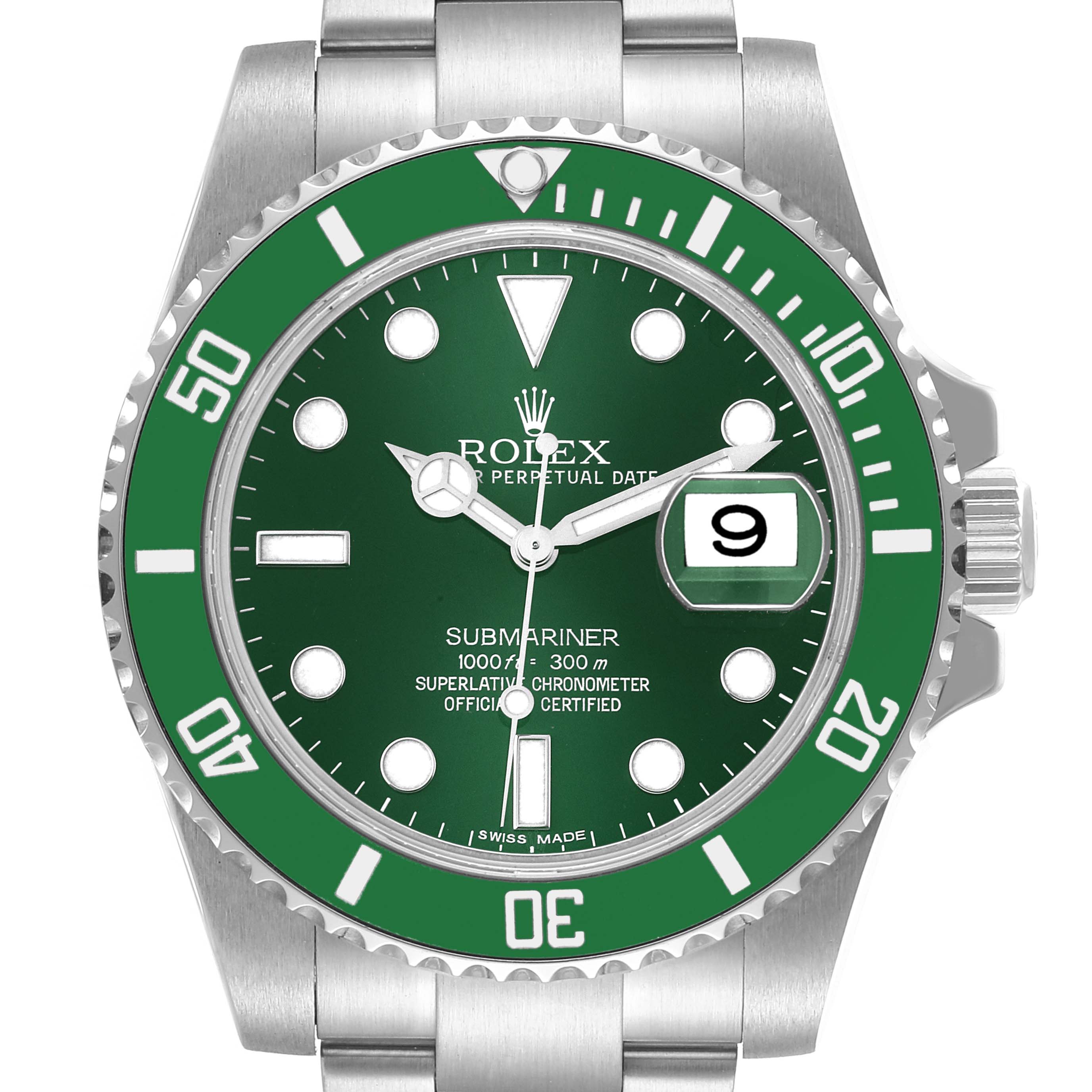 The image shows a front view of a Rolex Submariner 116610LV Men's Stainless Steel Green Dial 116610LV Men's Stainless Steel Green Dial watch featuring a green dial and bezel, with visible indices and the date window.