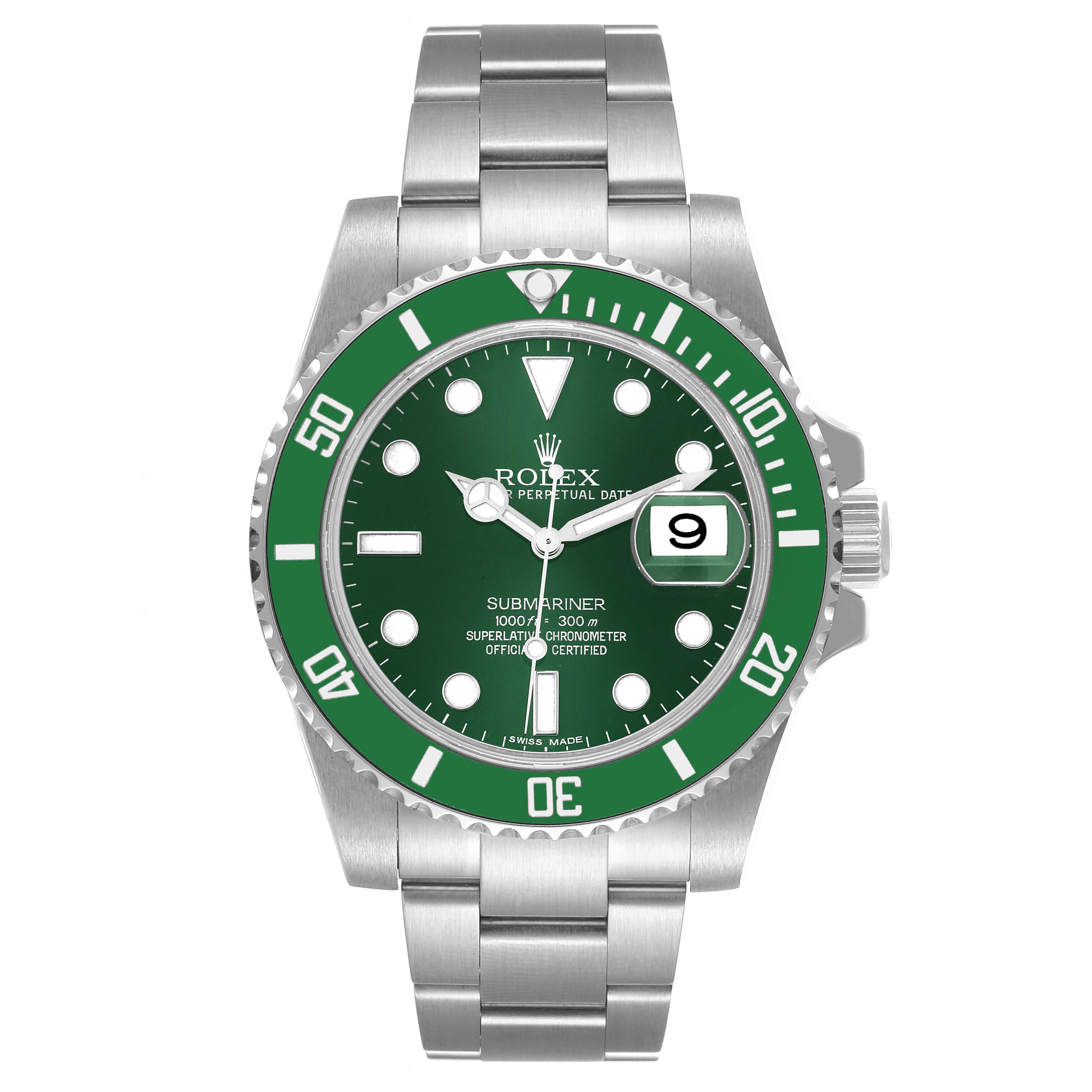 This image shows a frontal view of a Rolex Submariner 116610LV Men's Stainless Steel Green Dial 116610LV Men's Stainless Steel Green Dial watch, highlighting the green bezel, dial, and date function.
