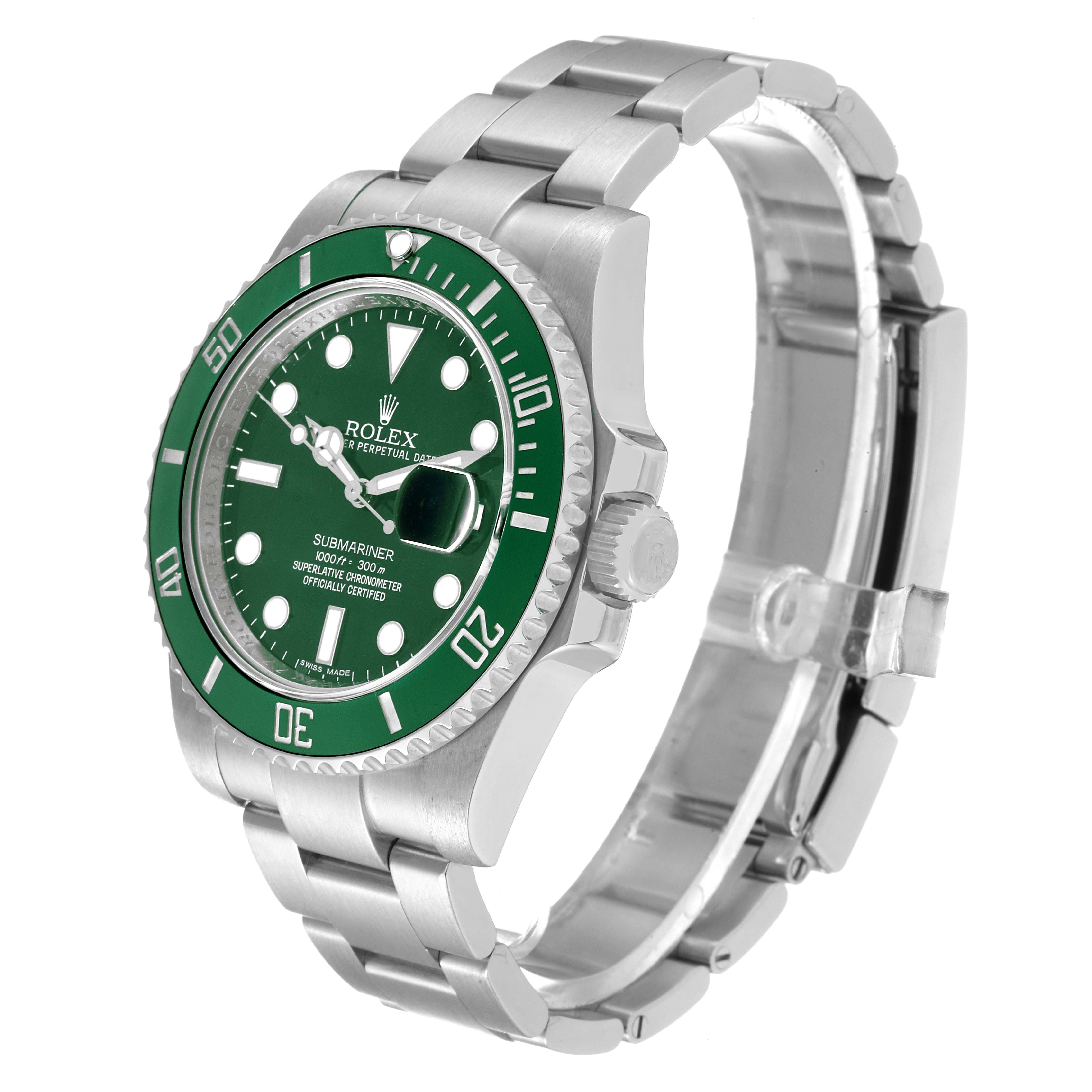 The image shows a Rolex Submariner 116610LV Men's Stainless Steel Green Dial 116610LV Men's Stainless Steel Green Dial watch at an angle highlighting the face, bezel, crown, and bracelet.