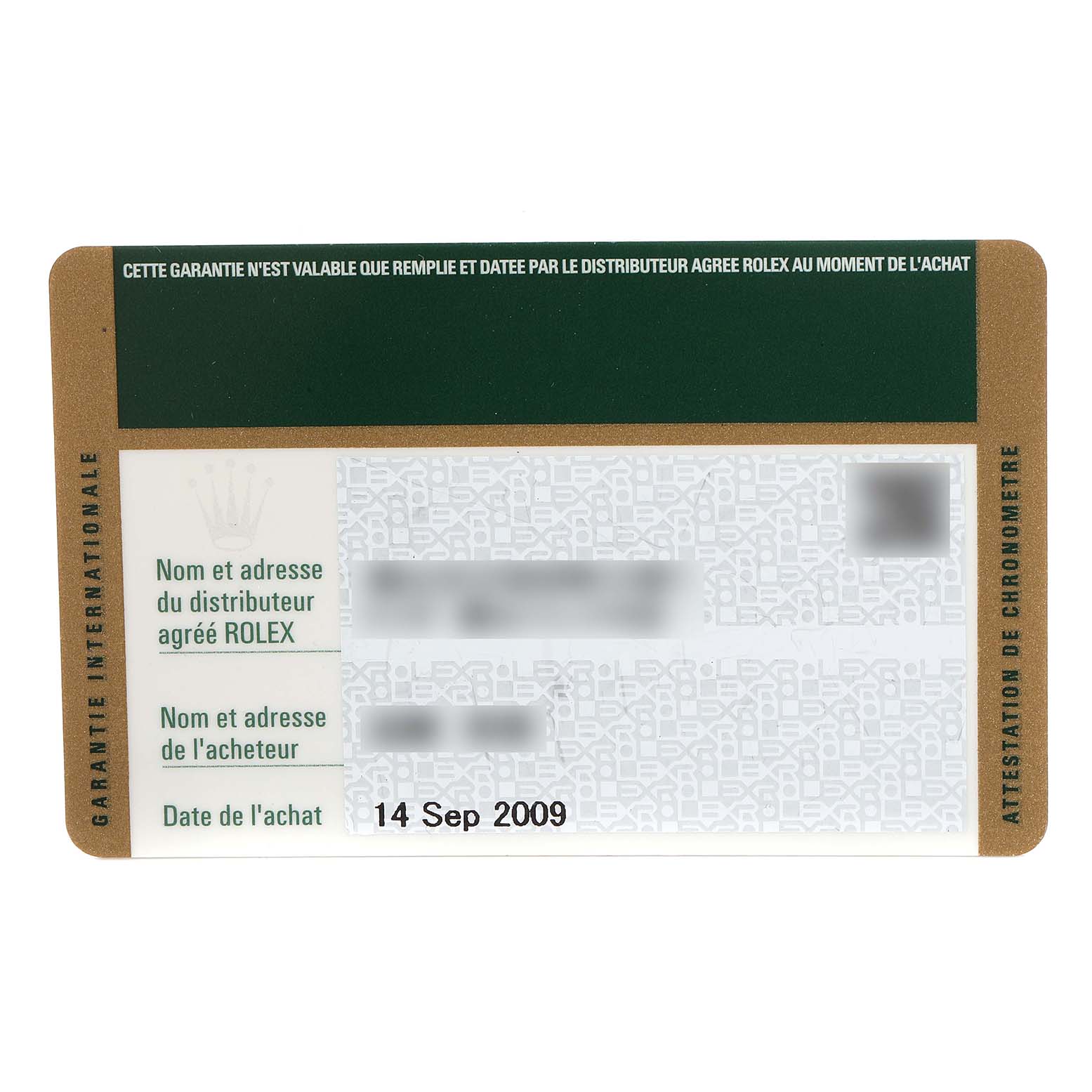 This is an international warranty card for a Rolex Turn-o-Graph 116261 Men's Steel and Gold (two tone) White Dial 116261 Men's Steel and Gold (two tone) White Dial watch, dated 14 Sep 2009.