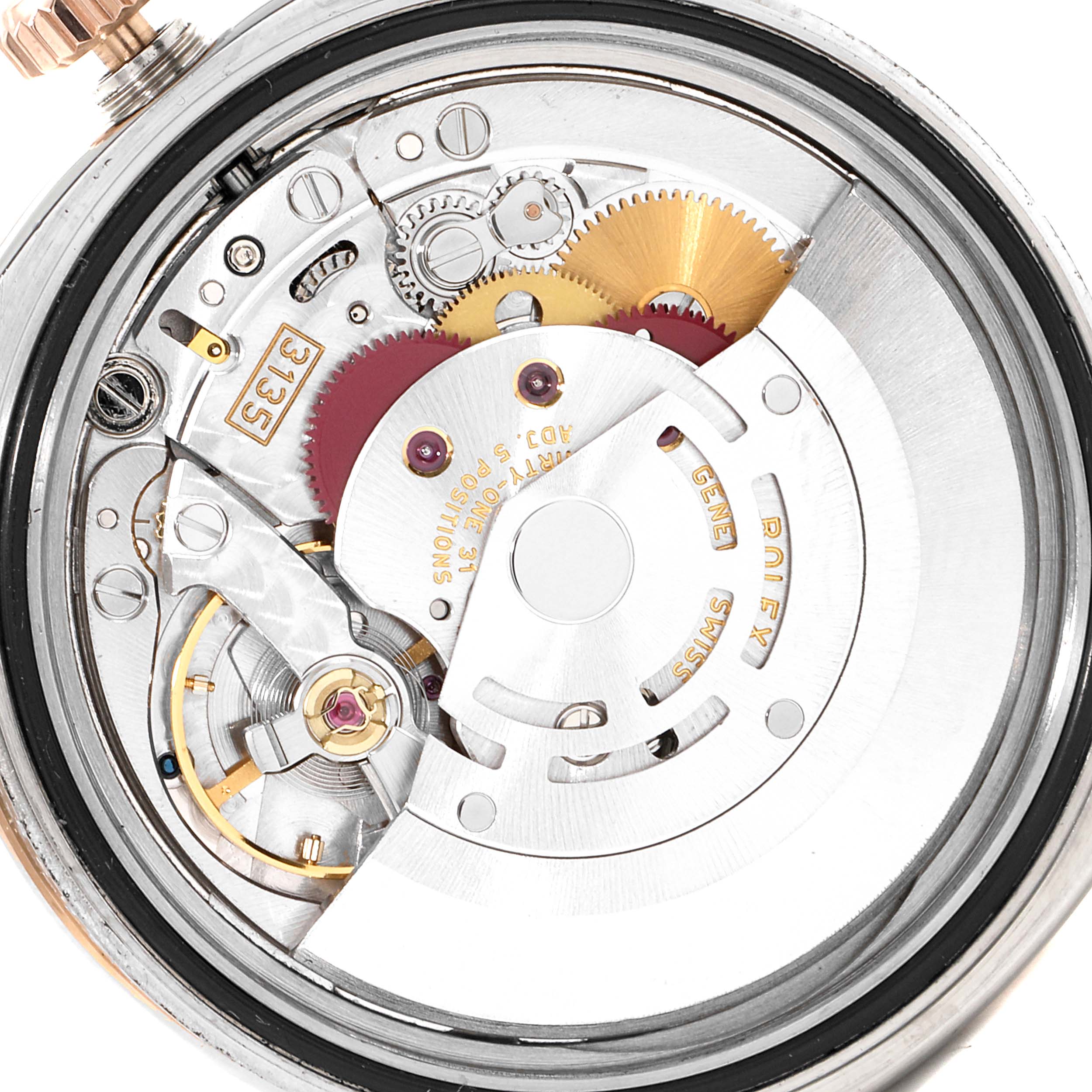 This image shows the intricate inner mechanism of a Rolex Turn-o-Graph 116261 Men's Steel and Gold (two tone) White Dial 116261 Men's Steel and Gold (two tone) White Dial model from a close-up, back angle.