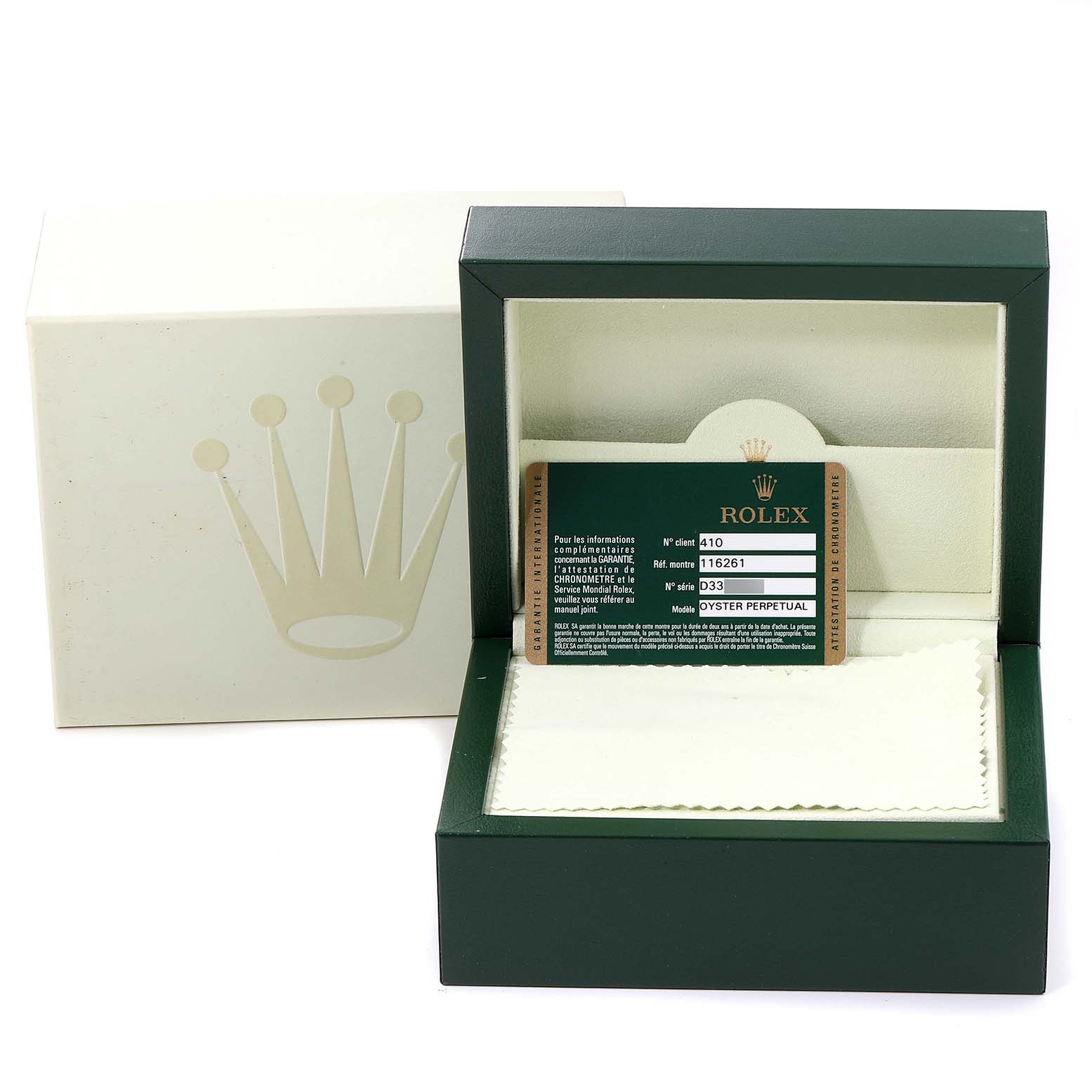 The image shows the packaging, a warranty card, and a cloth for a Rolex Turn-o-Graph 116261 Men's Steel and Gold (two tone) White Dial 116261 Men's Steel and Gold (two tone) White Dial watch.