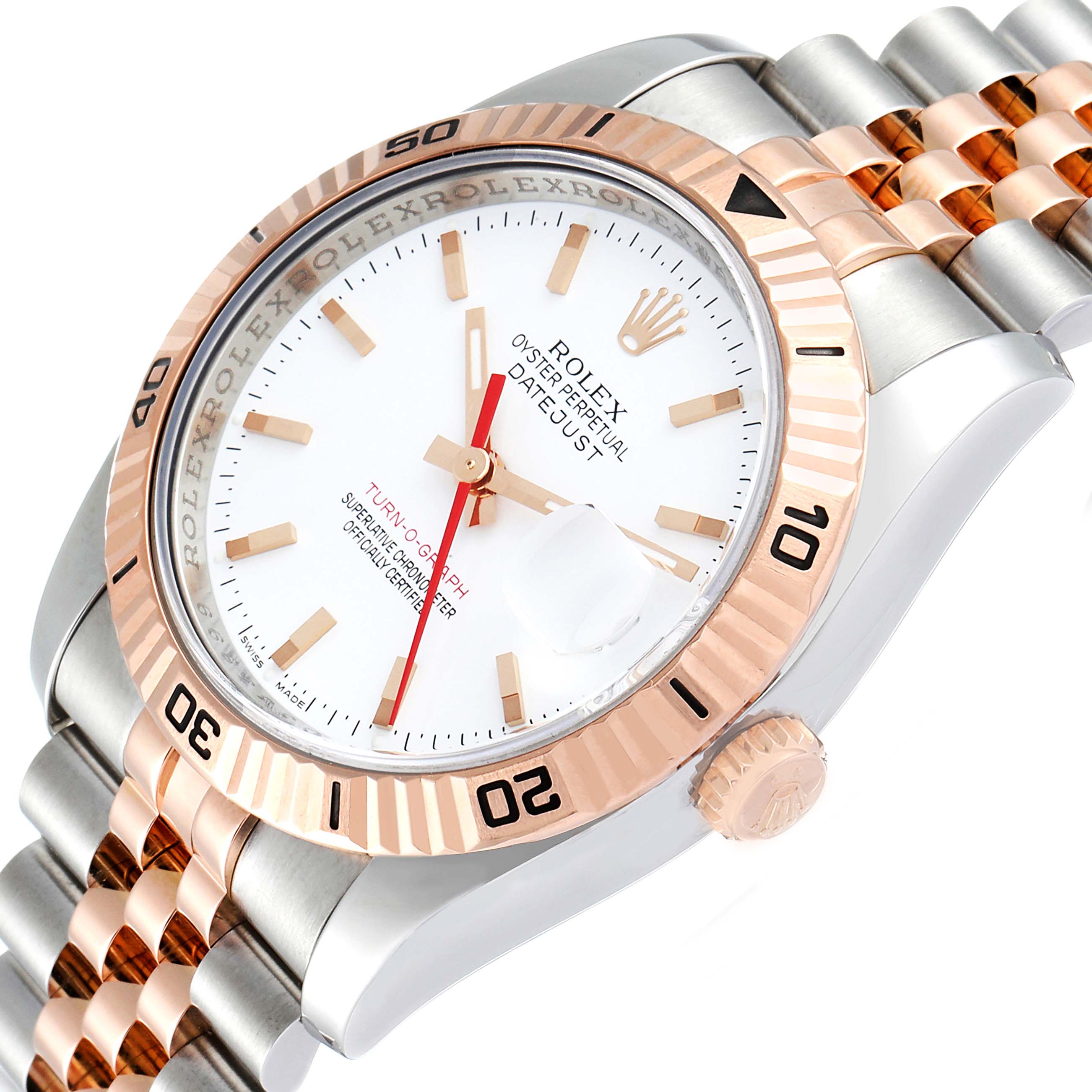The image shows a close-up angle of a Rolex Turn-o-Graph 116261 Men's Steel and Gold (two tone) White Dial 116261 Men's Steel and Gold (two tone) White Dial watch, highlighting its white dial, bi-metal bracelet, and rose gold bezel.