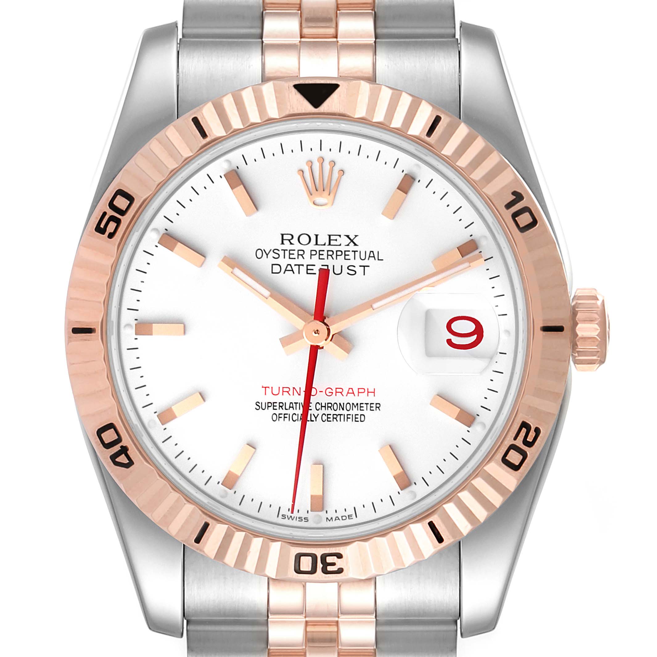 This image shows a frontal view of a Rolex Turn-o-Graph 116261 Men's Steel and Gold (two tone) White Dial 116261 Men's Steel and Gold (two tone) White Dial watch, highlighting its dial, bezel, crown, and part of the bracelet.