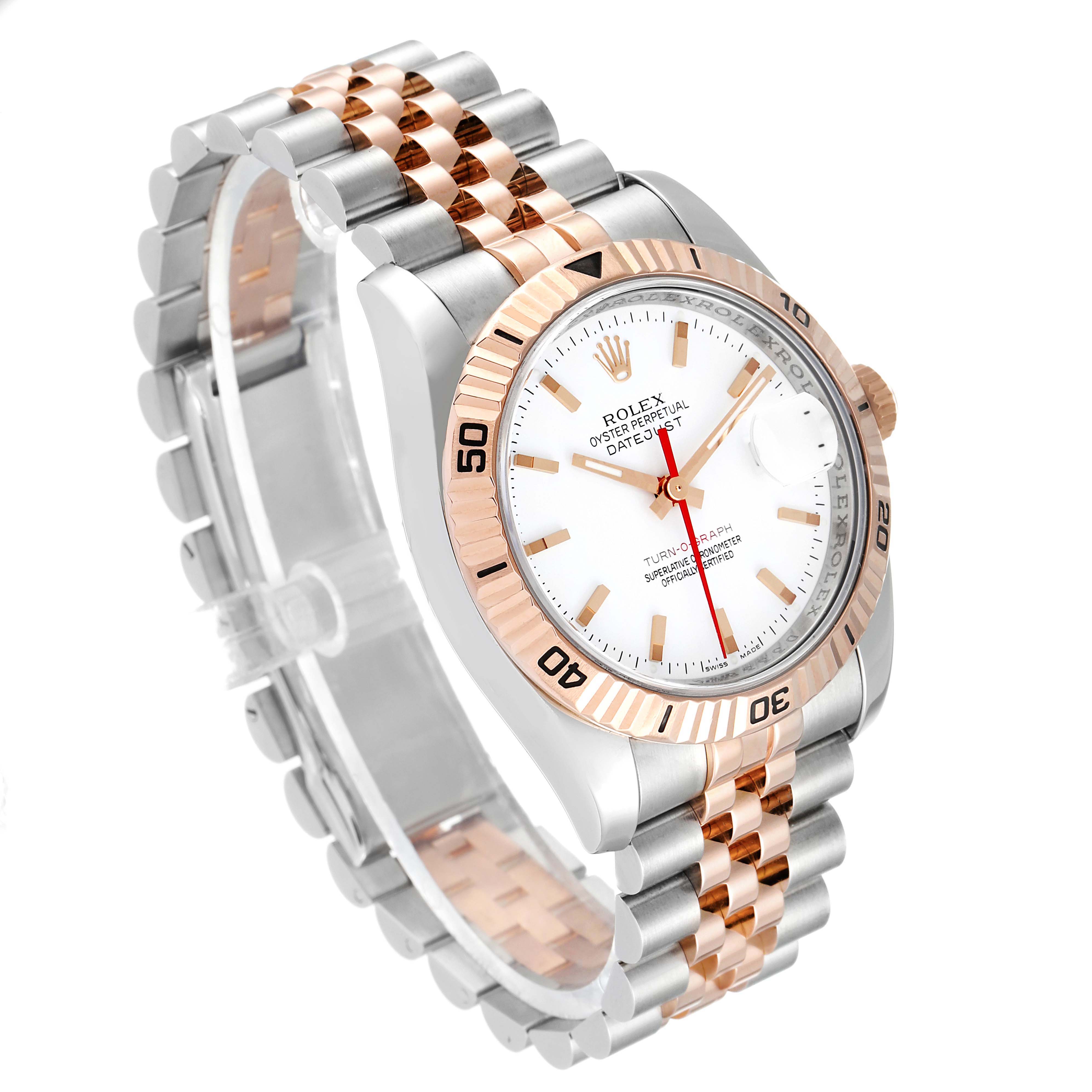 The image shows a Rolex Turn-o-Graph 116261 Men's Steel and Gold (two tone) White Dial 116261 Men's Steel and Gold (two tone) White Dial watch at a three-quarter angle, highlighting its face, bezel, and two-tone bracelet.