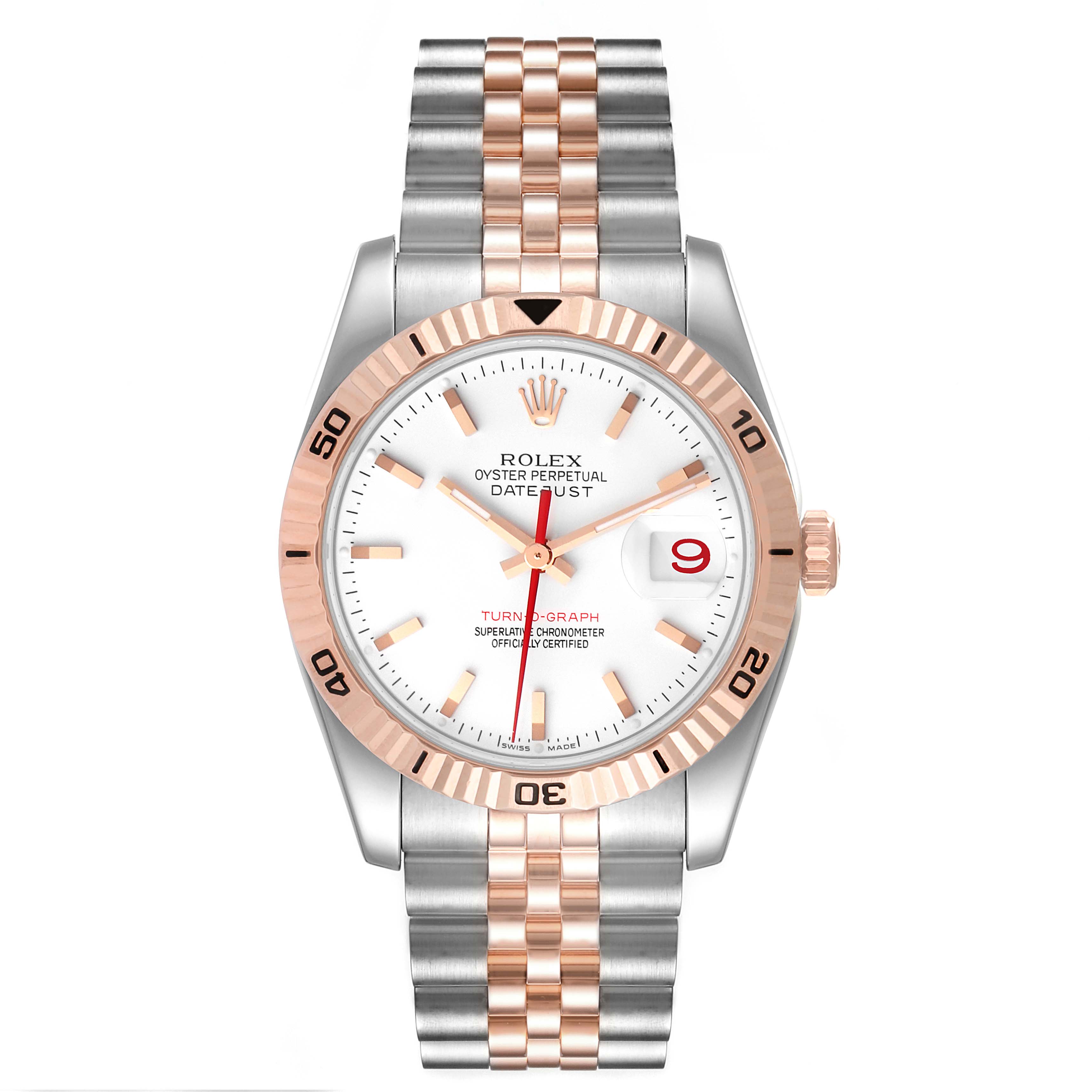 The image shows a front view of a Rolex Turn-o-Graph 116261 Men's Steel and Gold (two tone) White Dial 116261 Men's Steel and Gold (two tone) White Dial watch, highlighting the dial, bezel, and bracelet.