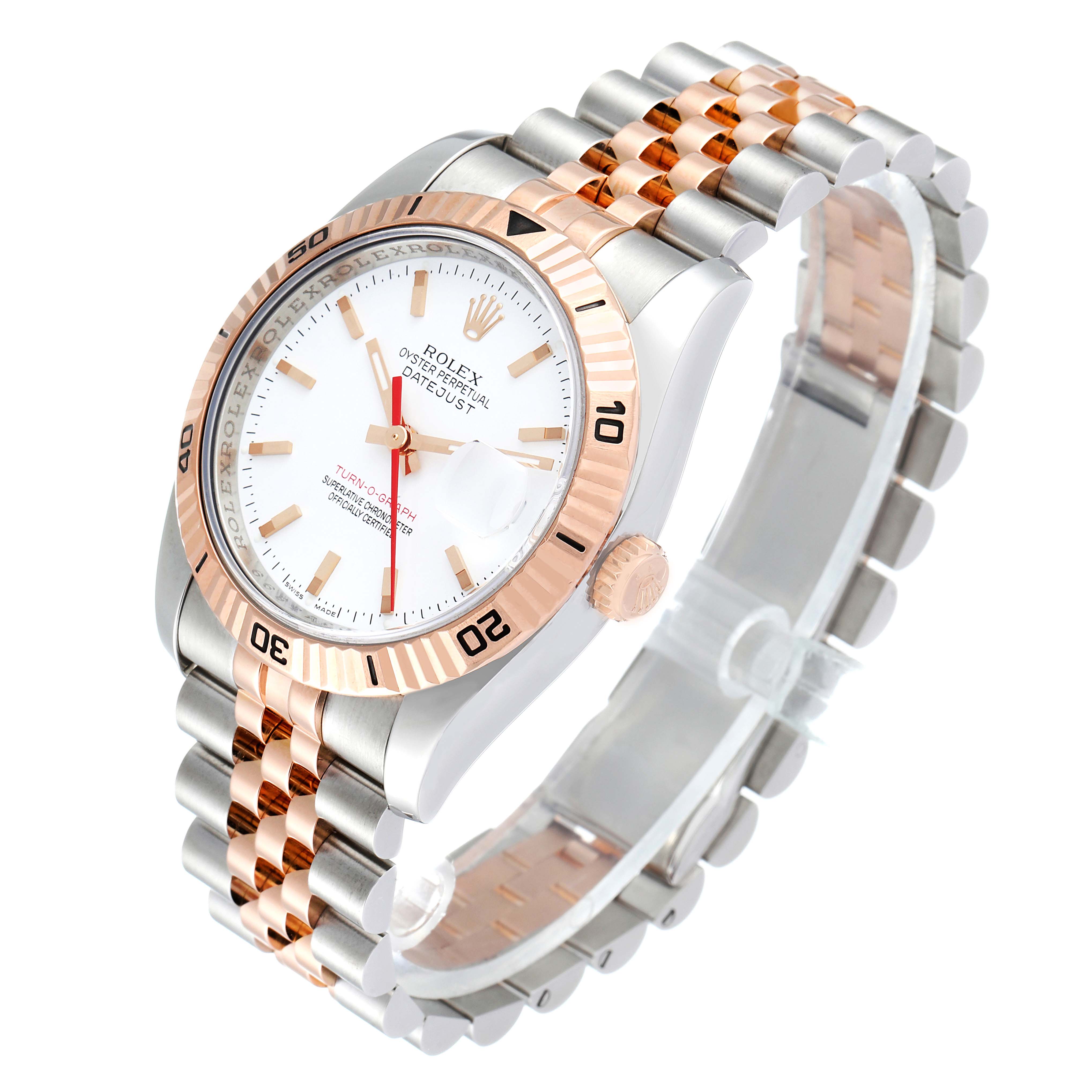 The image shows a Rolex Turn-o-Graph 116261 Men's Steel and Gold (two tone) White Dial 116261 Men's Steel and Gold (two tone) White Dial watch at a three-quarter angle, highlighting its bezel, dial, crown, and two-tone bracelet.